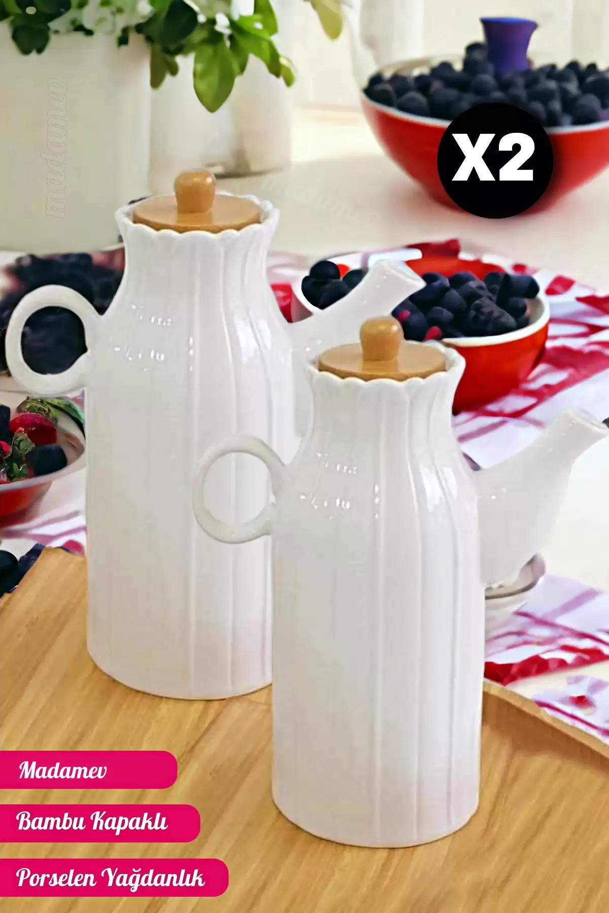 2li Premium Porselen Yağdanlık Vakumlu Bambu Kapak Beyaz Zeytinyağı Yağlık Sosluk Sirkelik Seti