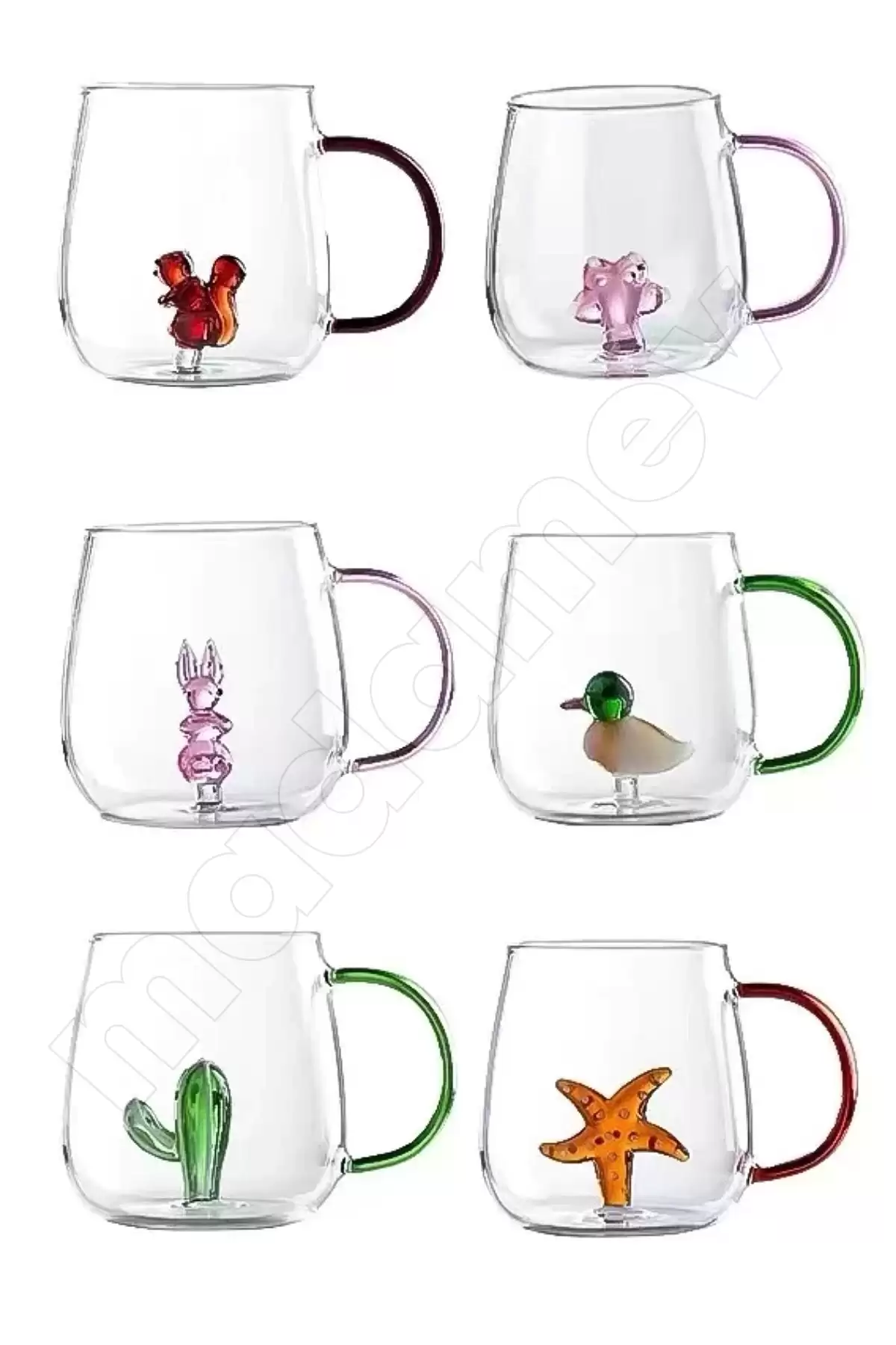 2li Figürlü Cam Bardak 3D Sevimli Karikatürler Bardağı Kawaii Renkli Kulplu Sunum Fincanı 350 ml.