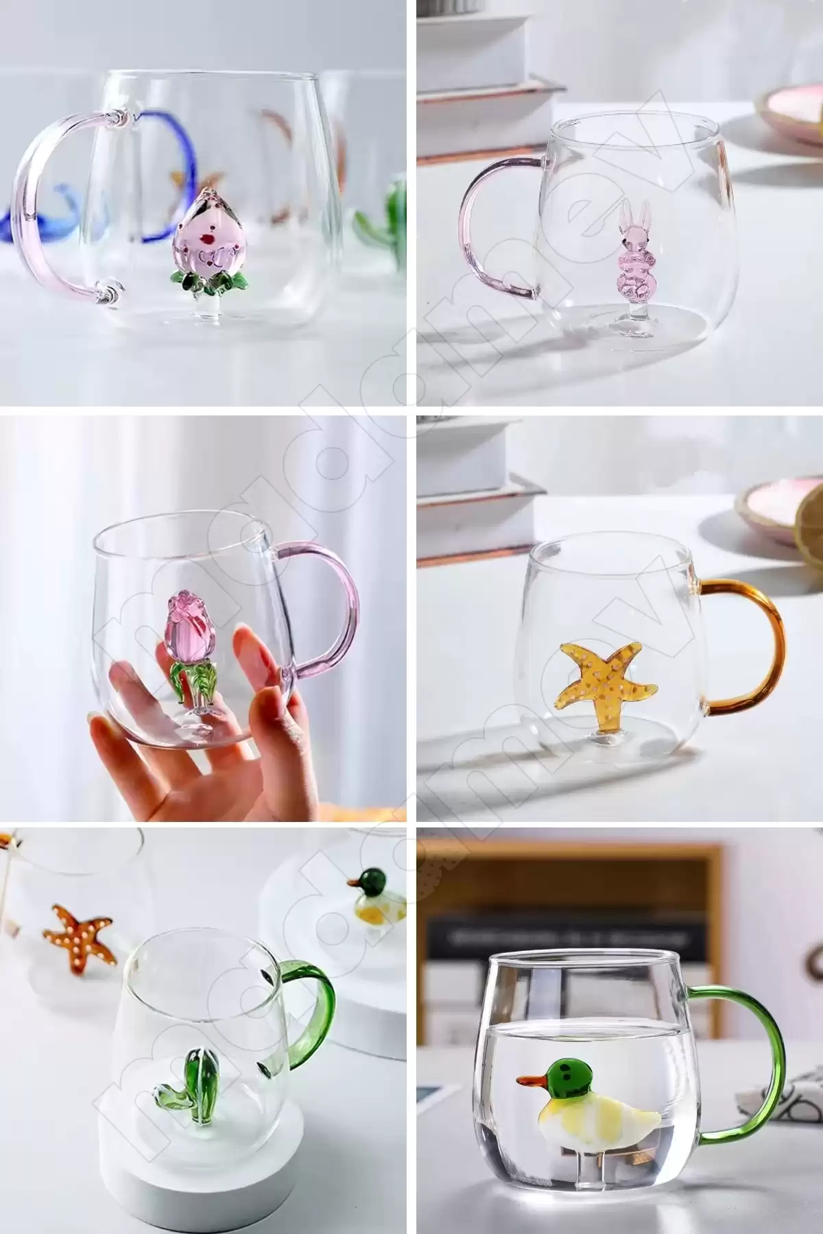 2li Figürlü Cam Bardak 3D Sevimli Karikatürler Bardağı Kawaii Renkli Kulplu Sunum Fincanı 350 ml.