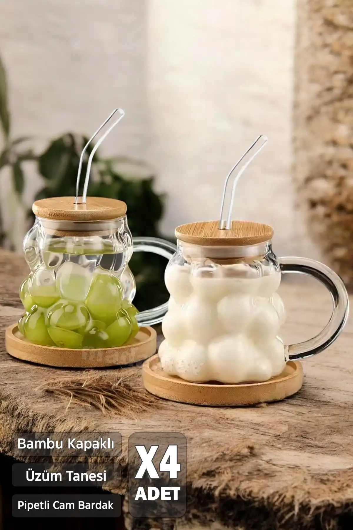 4lü Bambu Kapaklı Üzüm Tanesi Boncuk Bardak 350ml Isıya Dayanıklı Cam Pipetli Kahve Sunum Bardağı