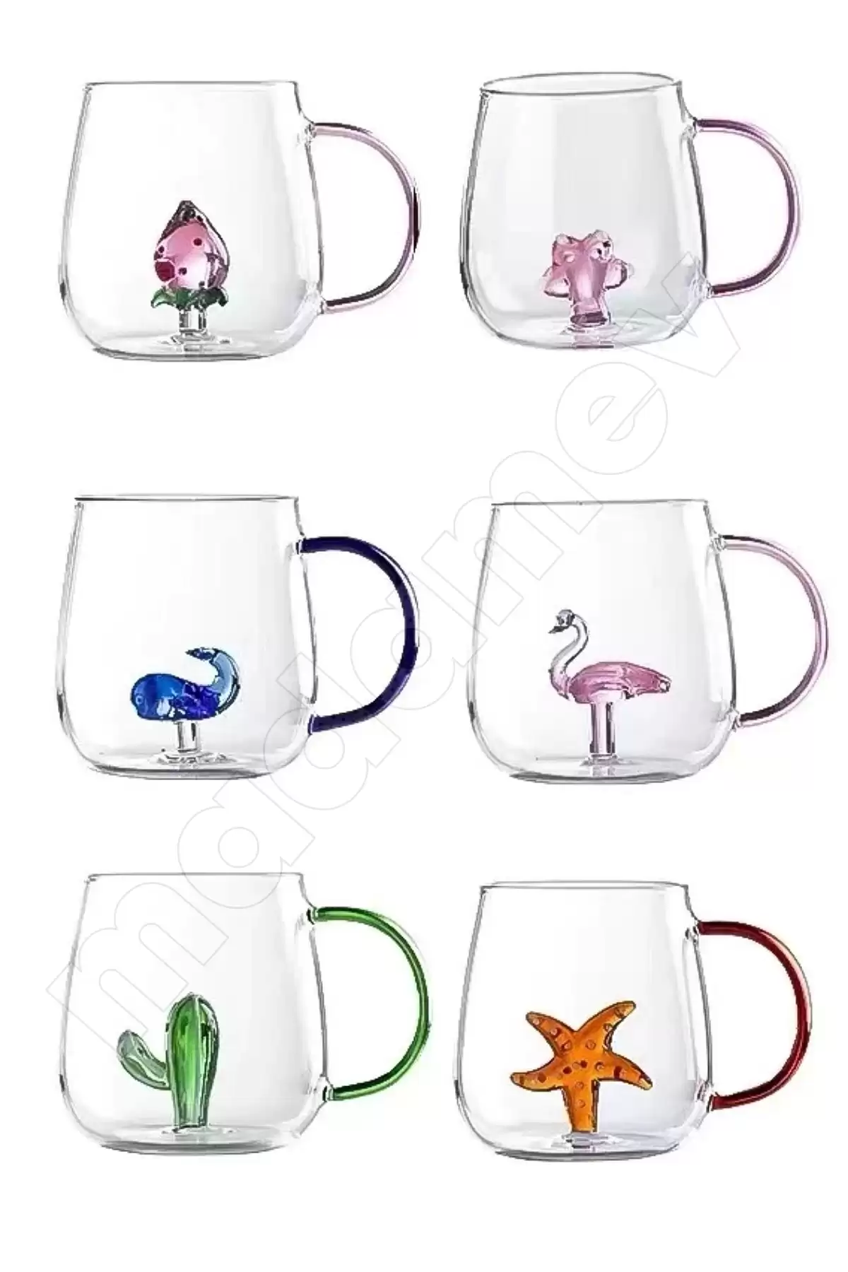 2li Figürlü Cam Bardak 3D Sevimli Karikatürler Bardağı Kawaii Renkli Kulplu Sunum Fincanı 350 ml.