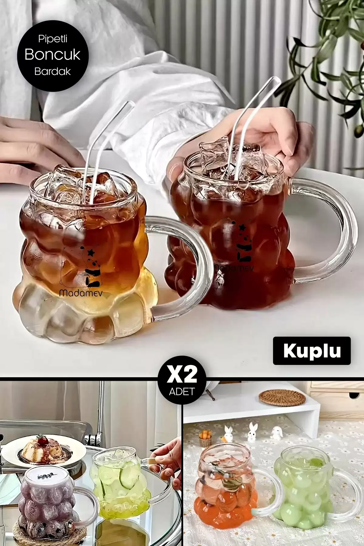 2li Kulplu Üzüm Tanesi Boncuk Şekilli Borosilikat Bardak 350ml Isıya Dayanıklı Kahve Sunum Bardağı