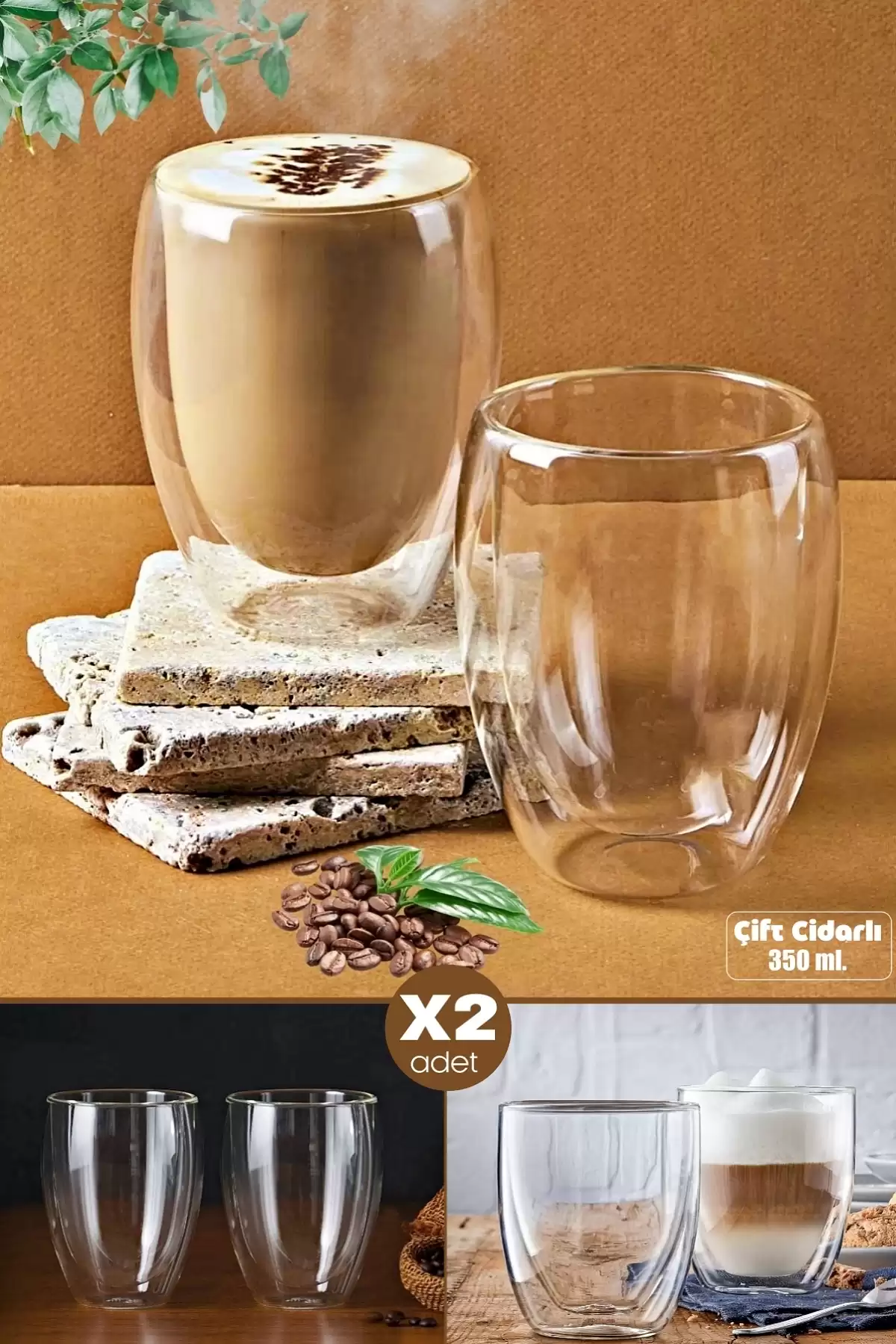 2li Çift Cidarlı Cam Bardak 350 ml Pipetli Çay Kahve Sunum Bardağı Isıya Dayanıklı Kupa Bardak Seti
