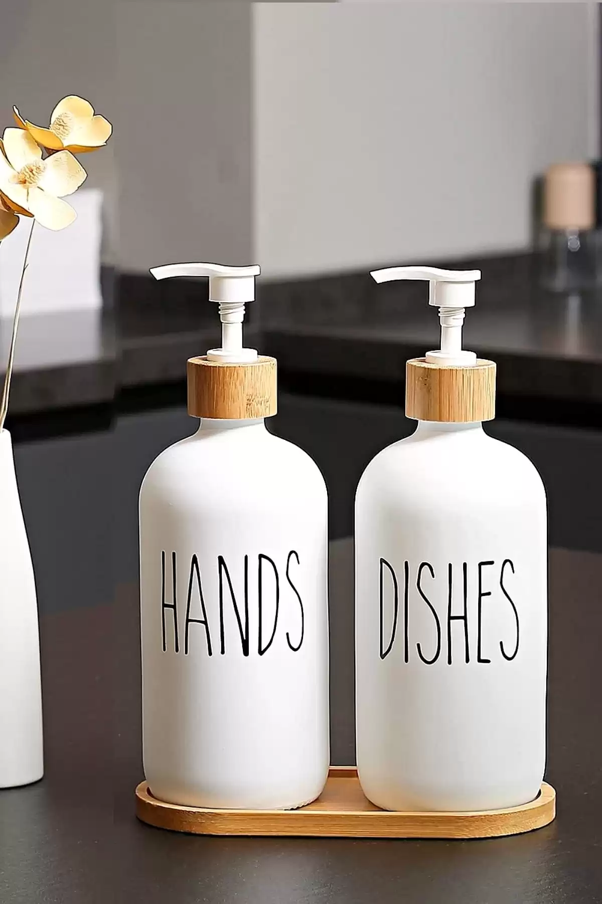 2’li Hands Dishes Soft Beyaz Dekoratif Mutfak Banyo Sıvı Cam Sabunluk Seti 500ml Bambu Stantlı Set