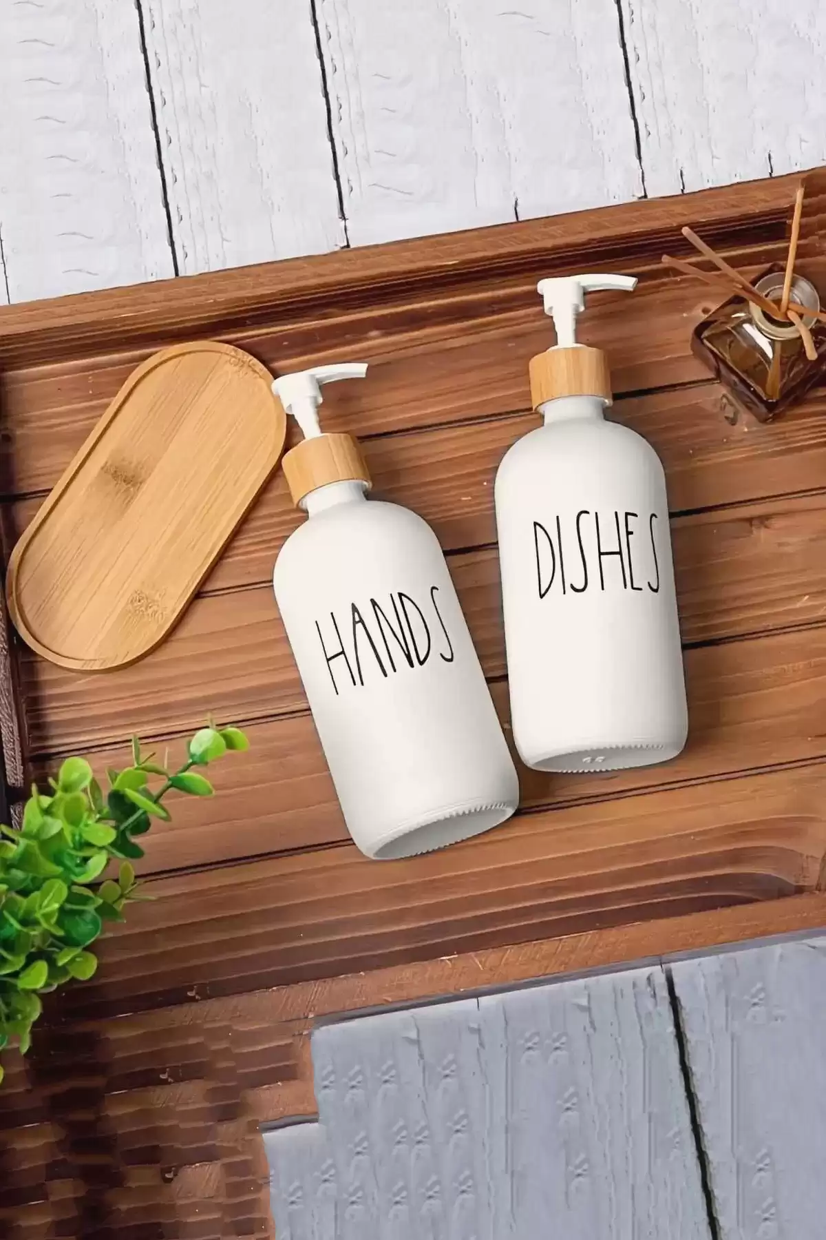 2’li Hands Dishes Soft Beyaz Dekoratif Mutfak Banyo Sıvı Cam Sabunluk Seti 500ml Bambu Stantlı Set