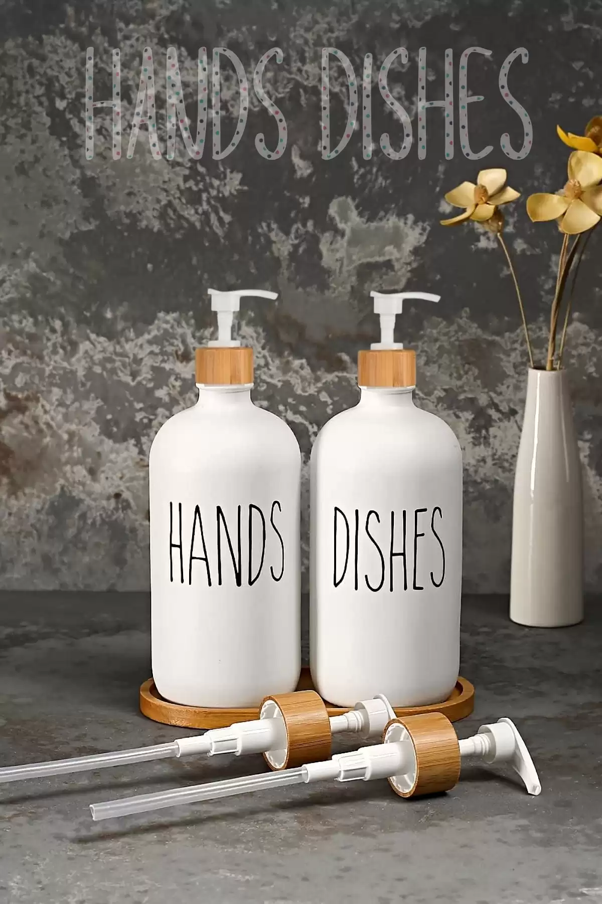 2’li Hands Dishes Soft Beyaz Dekoratif Mutfak Banyo Sıvı Cam Sabunluk Seti 500ml Bambu Stantlı Set