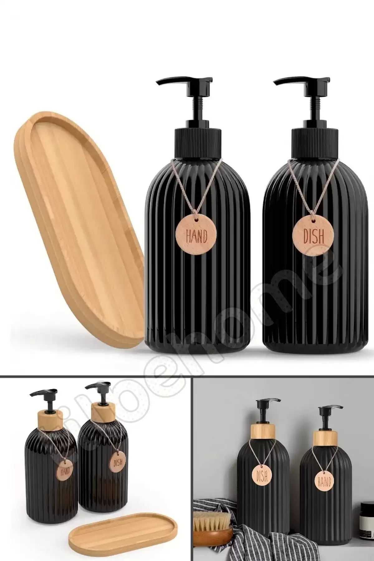 2’li Hands Dishes Siyah Dekoratif Mutfak Banyo Sıvı Cam Sabunluk Seti 500ml Bambu Stantlı Set