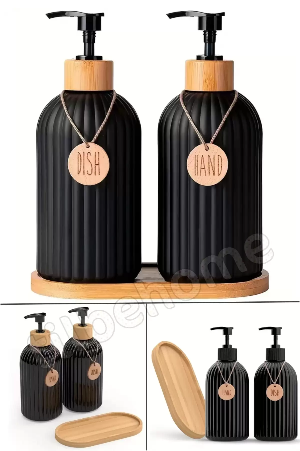 2’li Hands Dishes Siyah Dekoratif Mutfak Banyo Sıvı Cam Sabunluk Seti 500ml Bambu Stantlı Set