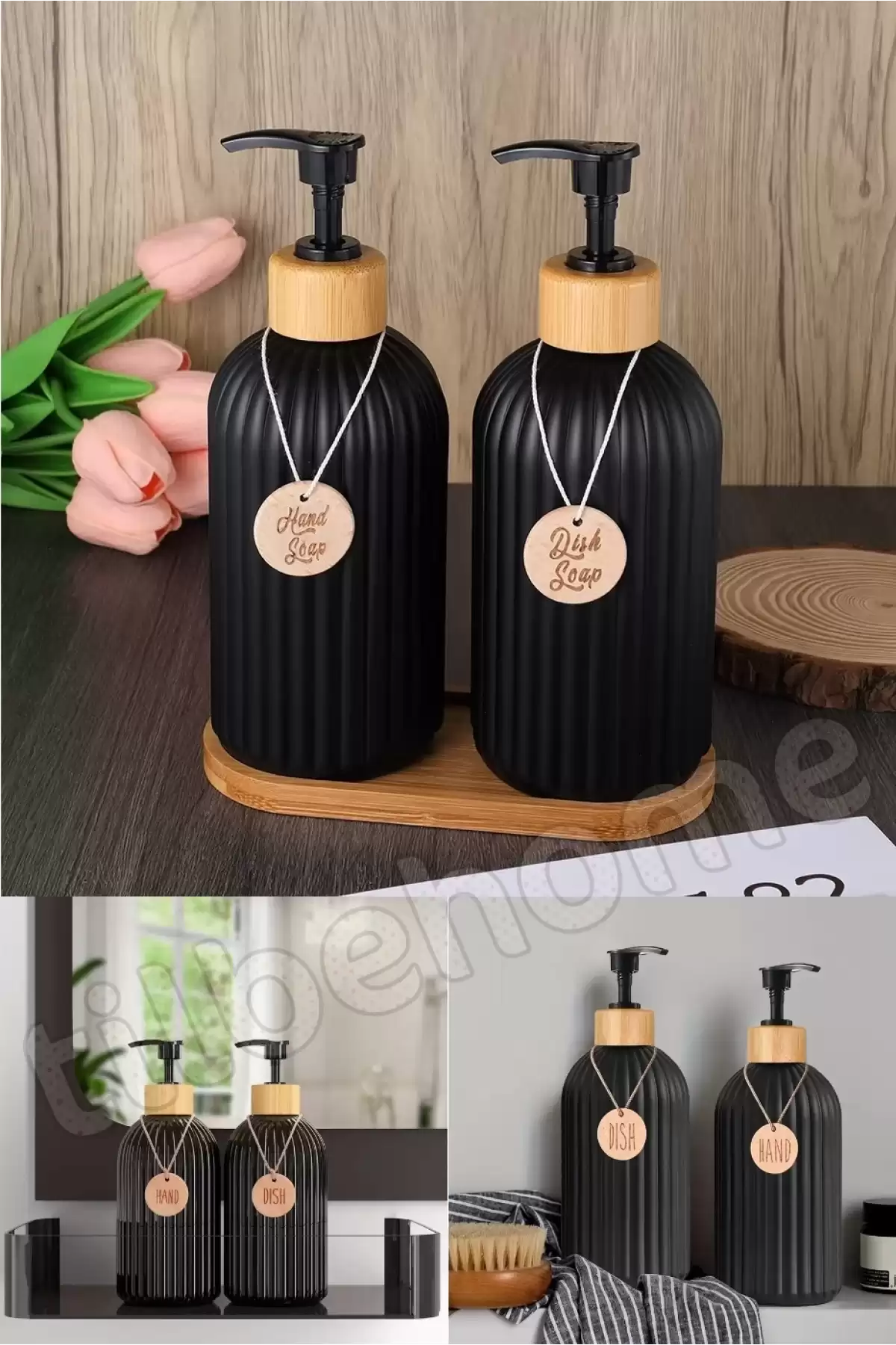 2’li Hands Dishes Siyah Dekoratif Mutfak Banyo Sıvı Cam Sabunluk Seti 500ml Bambu Stantlı Set