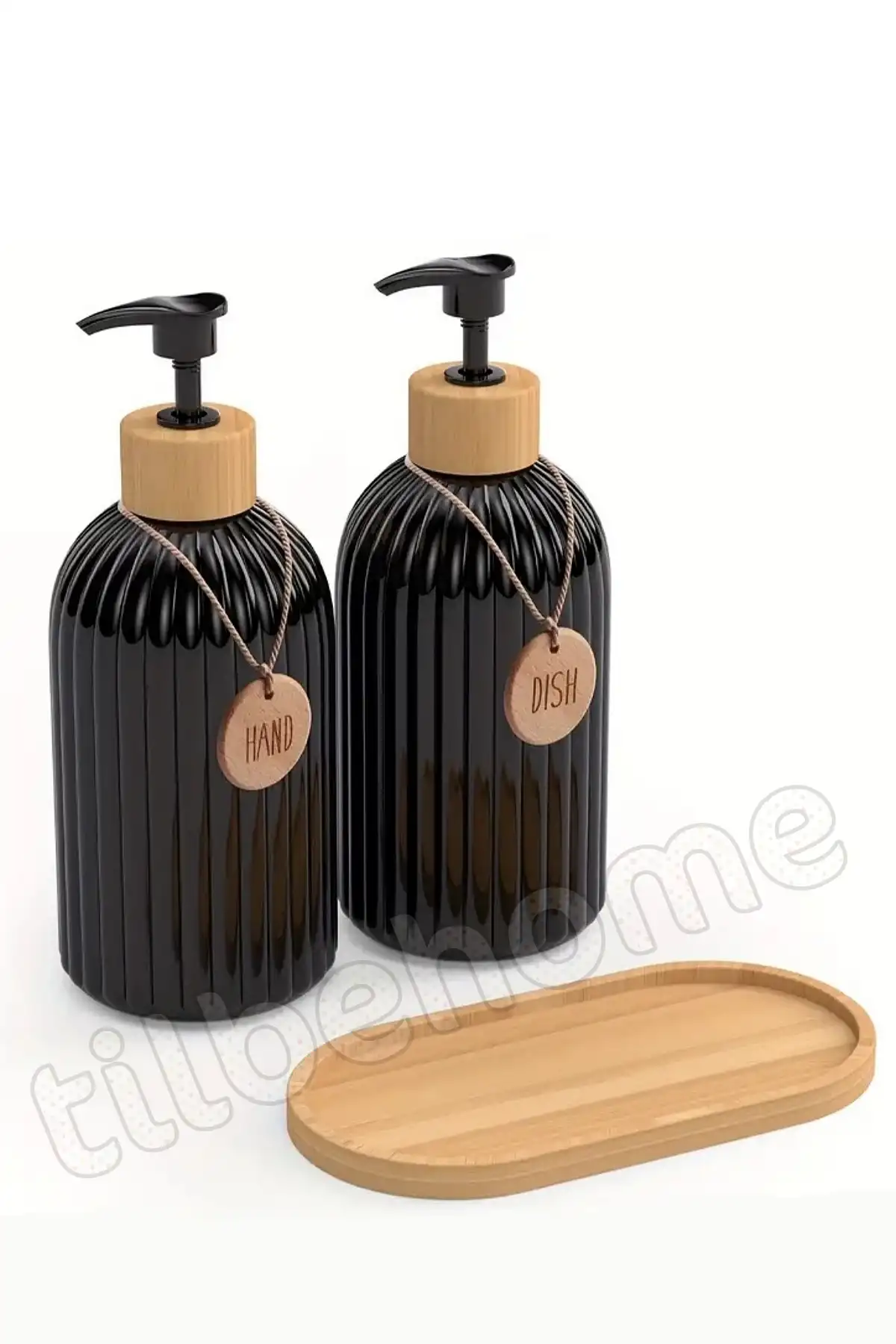 2’li Hands Dishes Siyah Dekoratif Mutfak Banyo Sıvı Cam Sabunluk Seti 500ml Bambu Stantlı Set