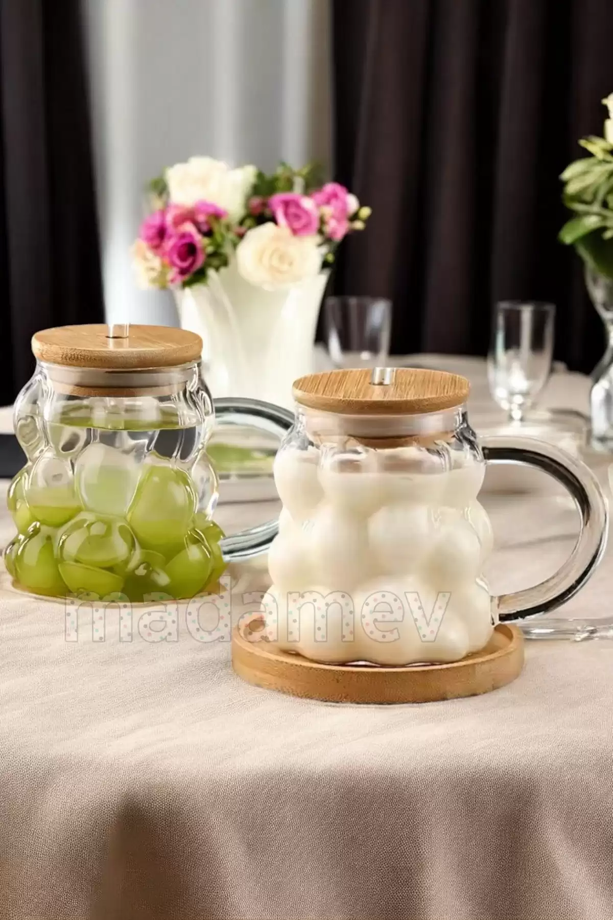 4lü Bambu Kapaklı Üzüm Tanesi Boncuk Bardak 350ml Isıya Dayanıklı Cam Pipetli Kahve Sunum Bardağı