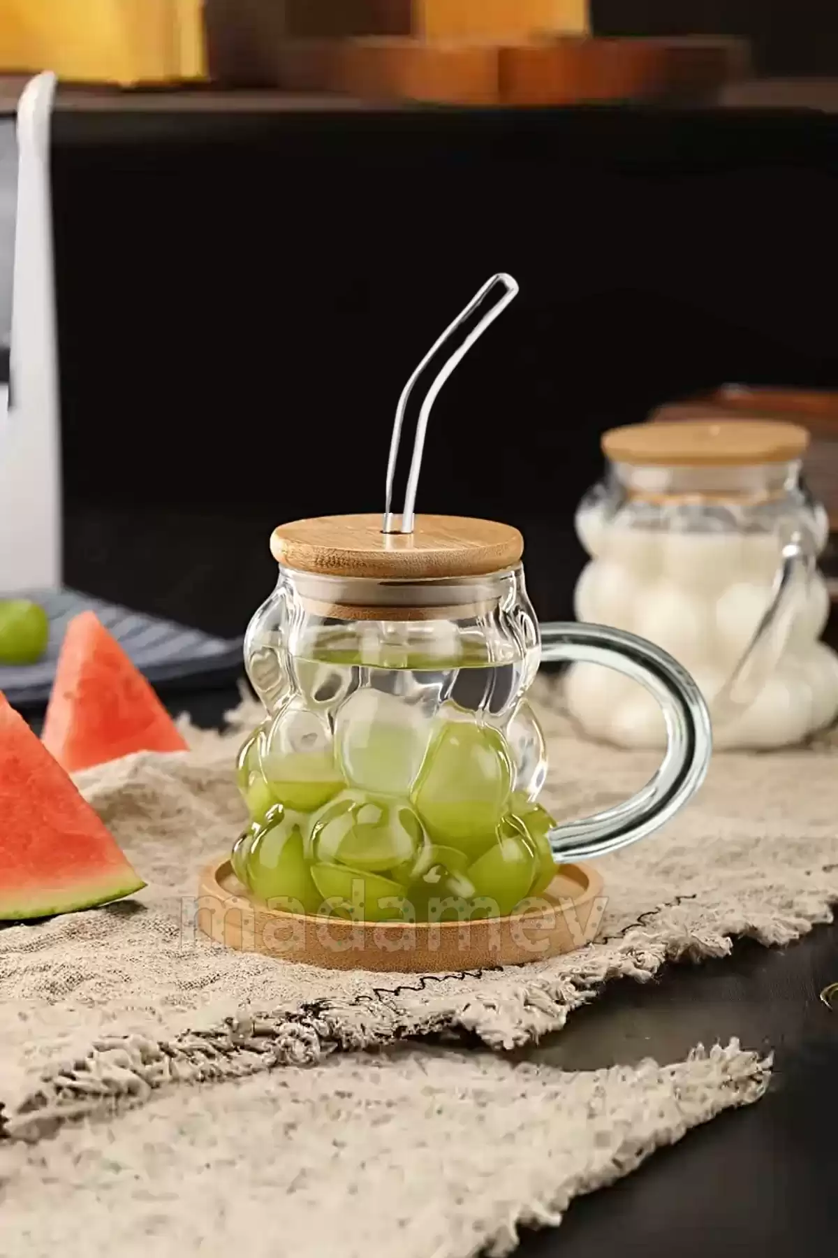 4lü Bambu Kapaklı Üzüm Tanesi Boncuk Bardak 350ml Isıya Dayanıklı Cam Pipetli Kahve Sunum Bardağı