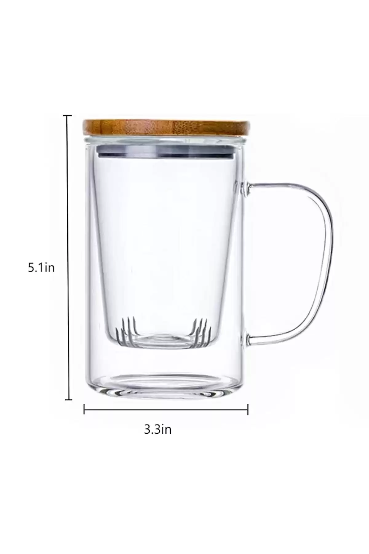 Borosilikat Cam Süzgeçli Bambu Kapaklı Kupa Kulplu Demlik Modeli Çift Kat Bitki Çay Bardağı 400 ml.