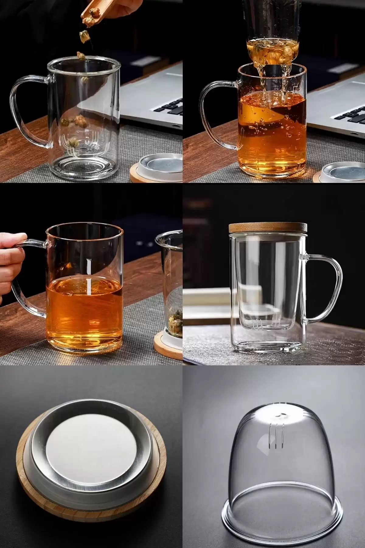 Borosilikat Cam Süzgeçli Bambu Kapaklı Kupa Kulplu Demlik Modeli Çift Kat Bitki Çay Bardağı 400 ml.