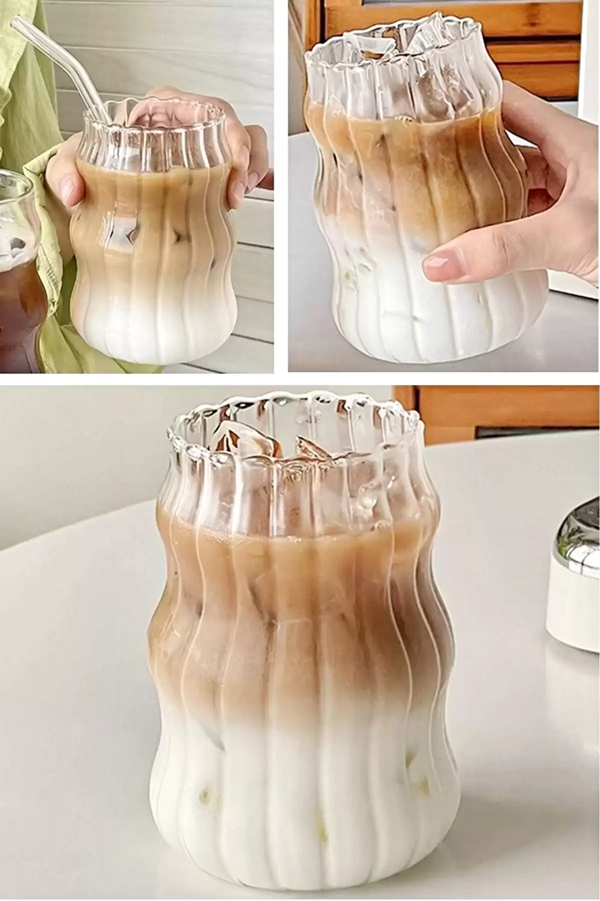 12li Sukabağı Latte Pipetli Cam Bardak İskandinav Burgu Kahve Kokteyl 3 Katlı Sunum Bardağı 400ml