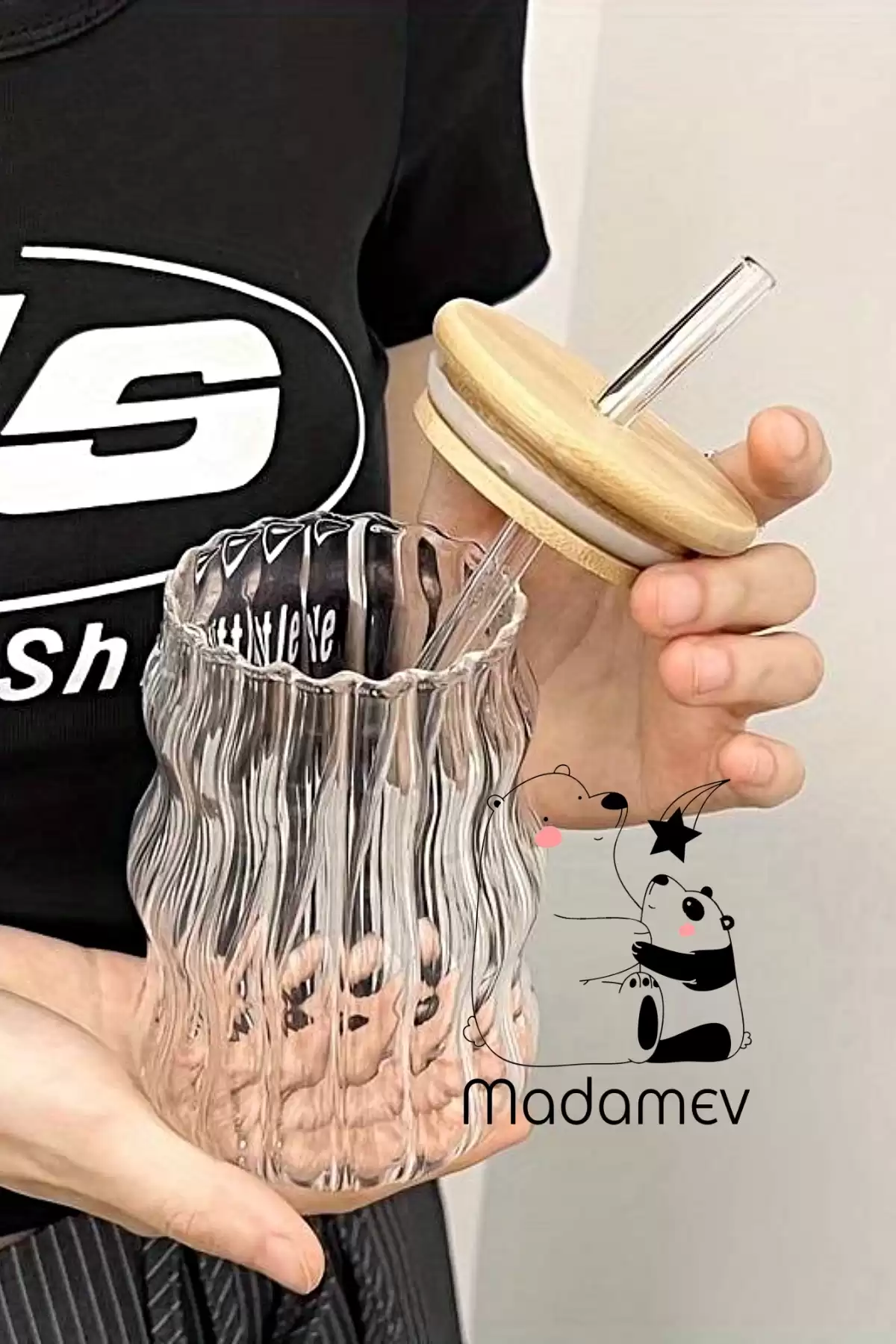 6lı Bambu Kapaklı Sukabağı Latte İskandinav Cam Pipetli Bardak Kahve Kokteyl Sunum Bardağı 400ml