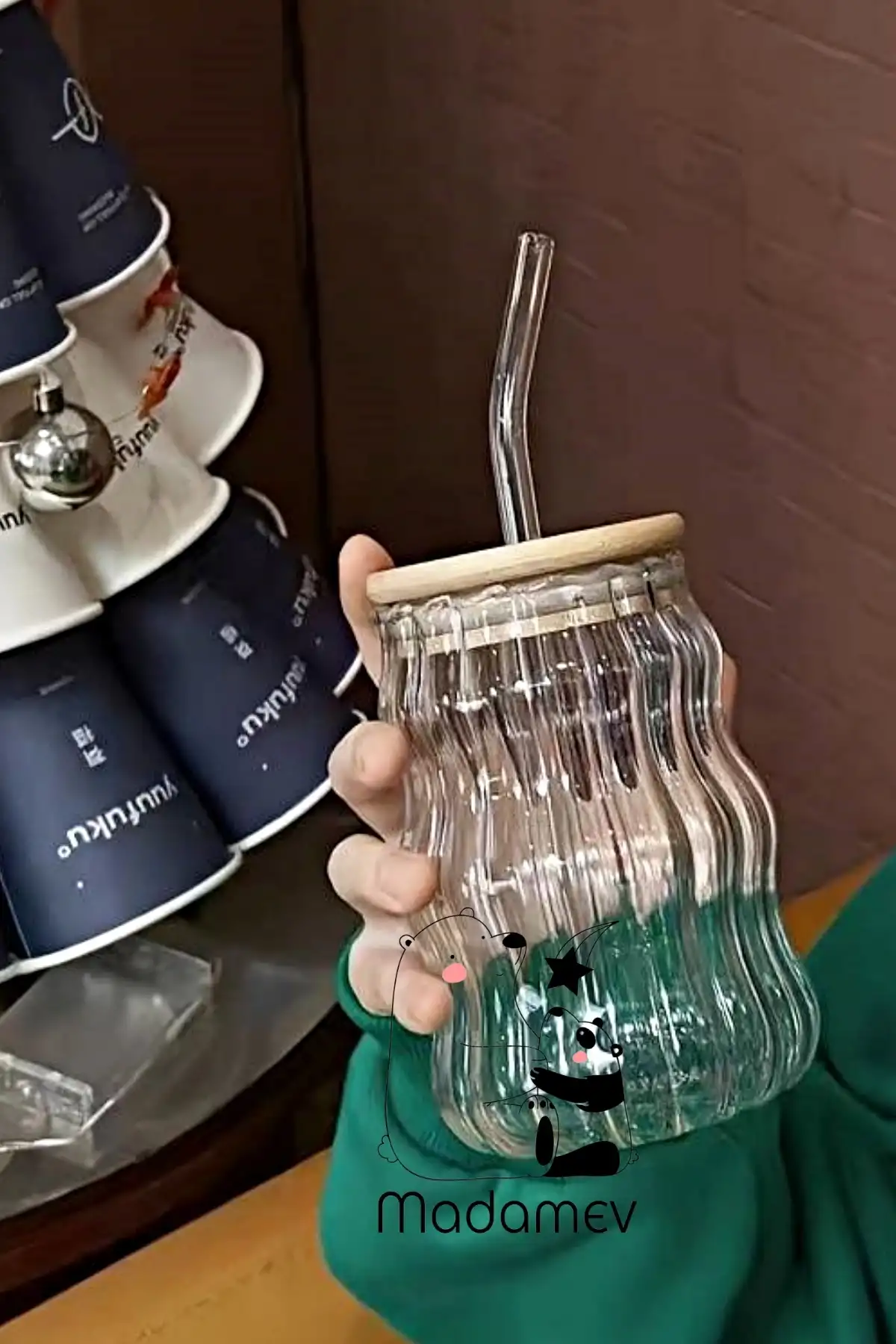 6lı Bambu Kapaklı Sukabağı Latte İskandinav Cam Pipetli Bardak Kahve Kokteyl Sunum Bardağı 400ml