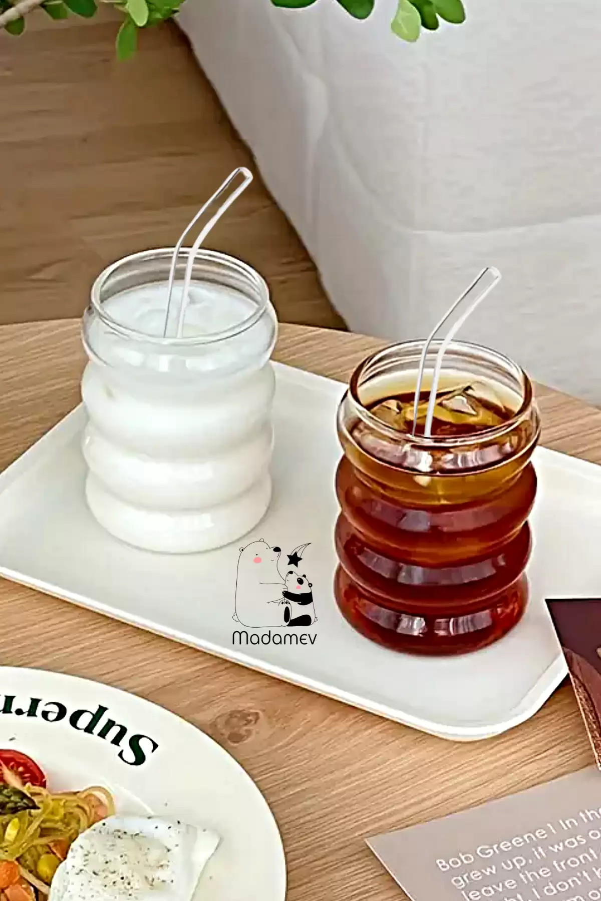 2li Halka Şekli Pipetli Kokteyl Cam Bardak Seti İskandinav Tarz Kahve Latte Sunum Bardağı 340 ml.