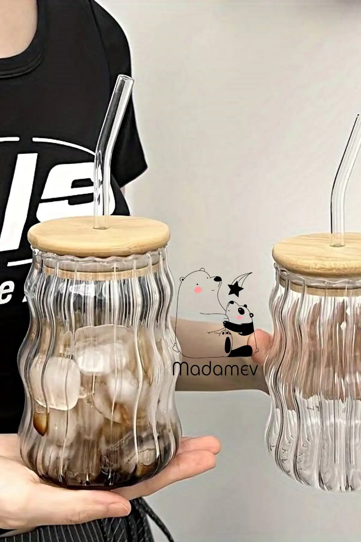 6lı Bambu Kapaklı Sukabağı Latte İskandinav Cam Pipetli Bardak Kahve Kokteyl Sunum Bardağı 400ml