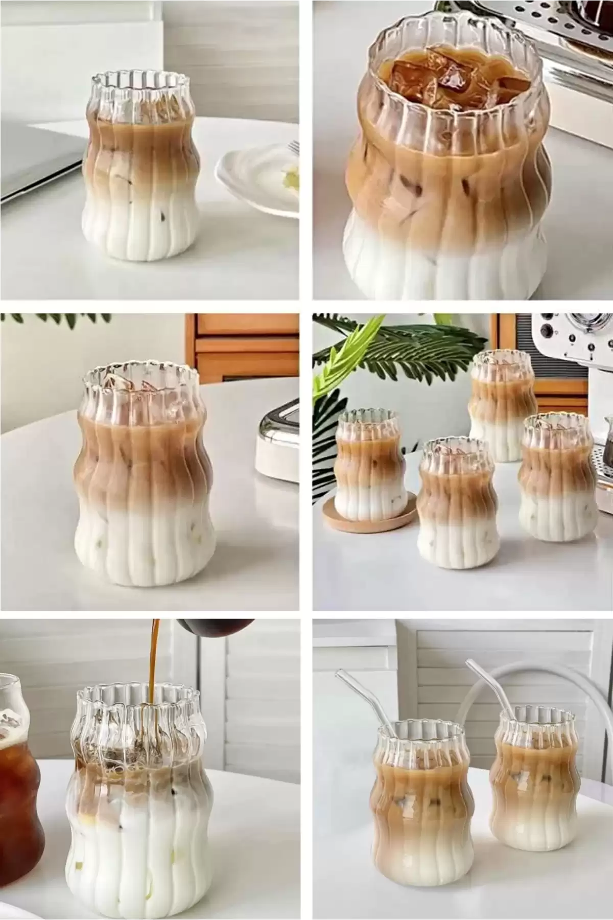 12li Sukabağı Latte Pipetli Cam Bardak İskandinav Burgu Kahve Kokteyl 3 Katlı Sunum Bardağı 400ml