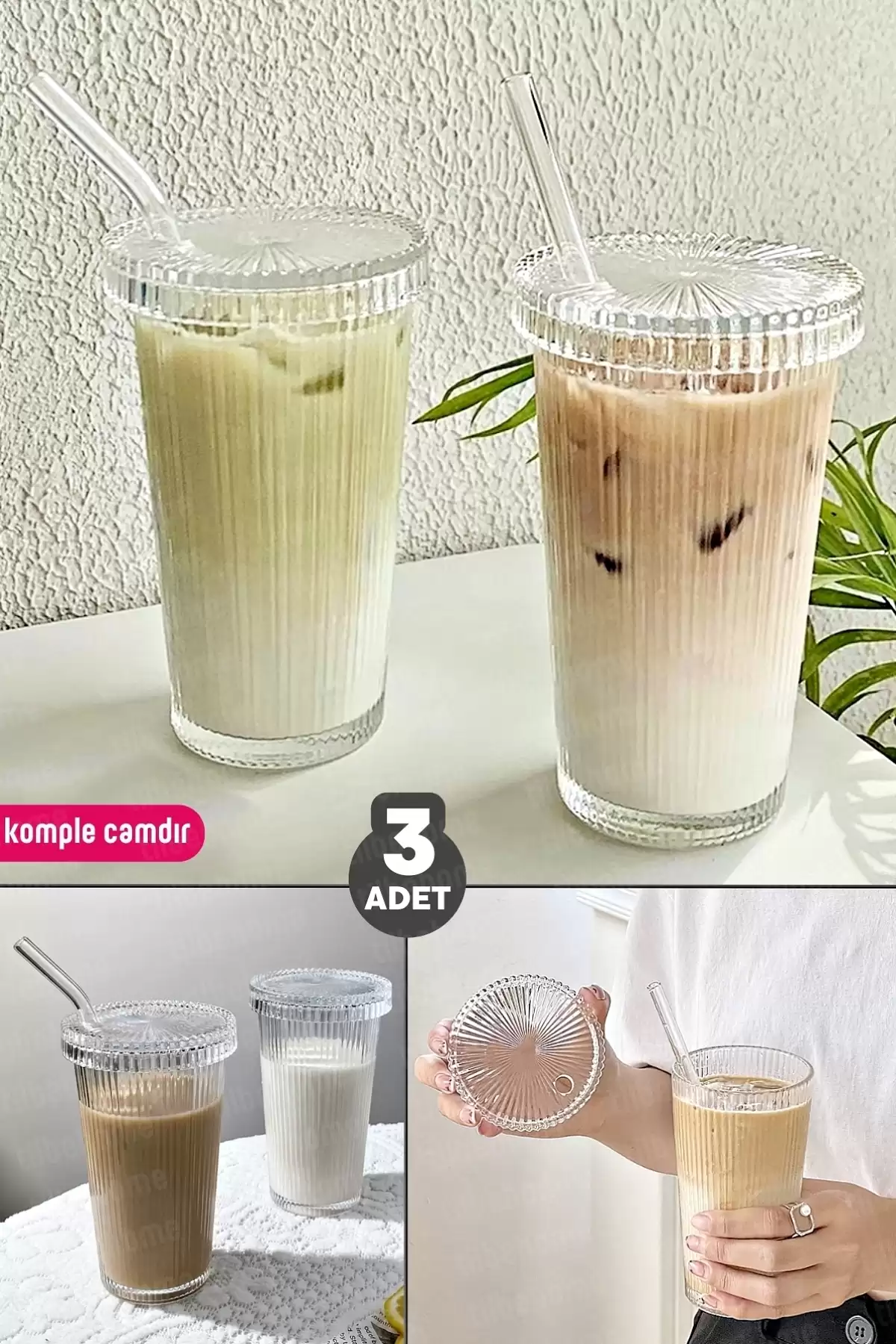 3 Adet Kapaklı Pipetli Cam Bardak Soğuk Sıcak Kahve Meşrubat Çizgili Sunum Origami Stil Bardağı