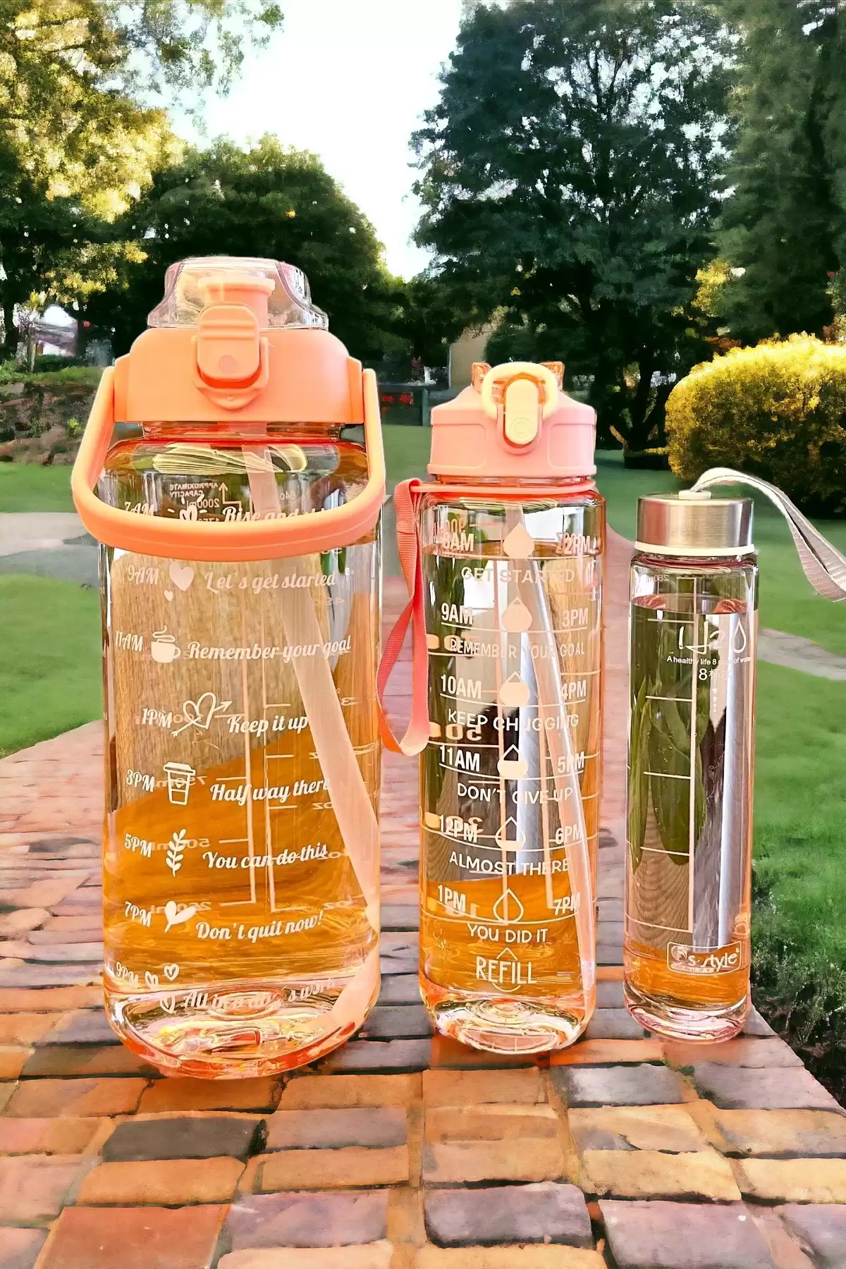 3lü Motivasyonel Su Matarası Suluk 2000+900+500ml Tritan Sporcu Su Şişesi Stickerlı Pipetli Suluk