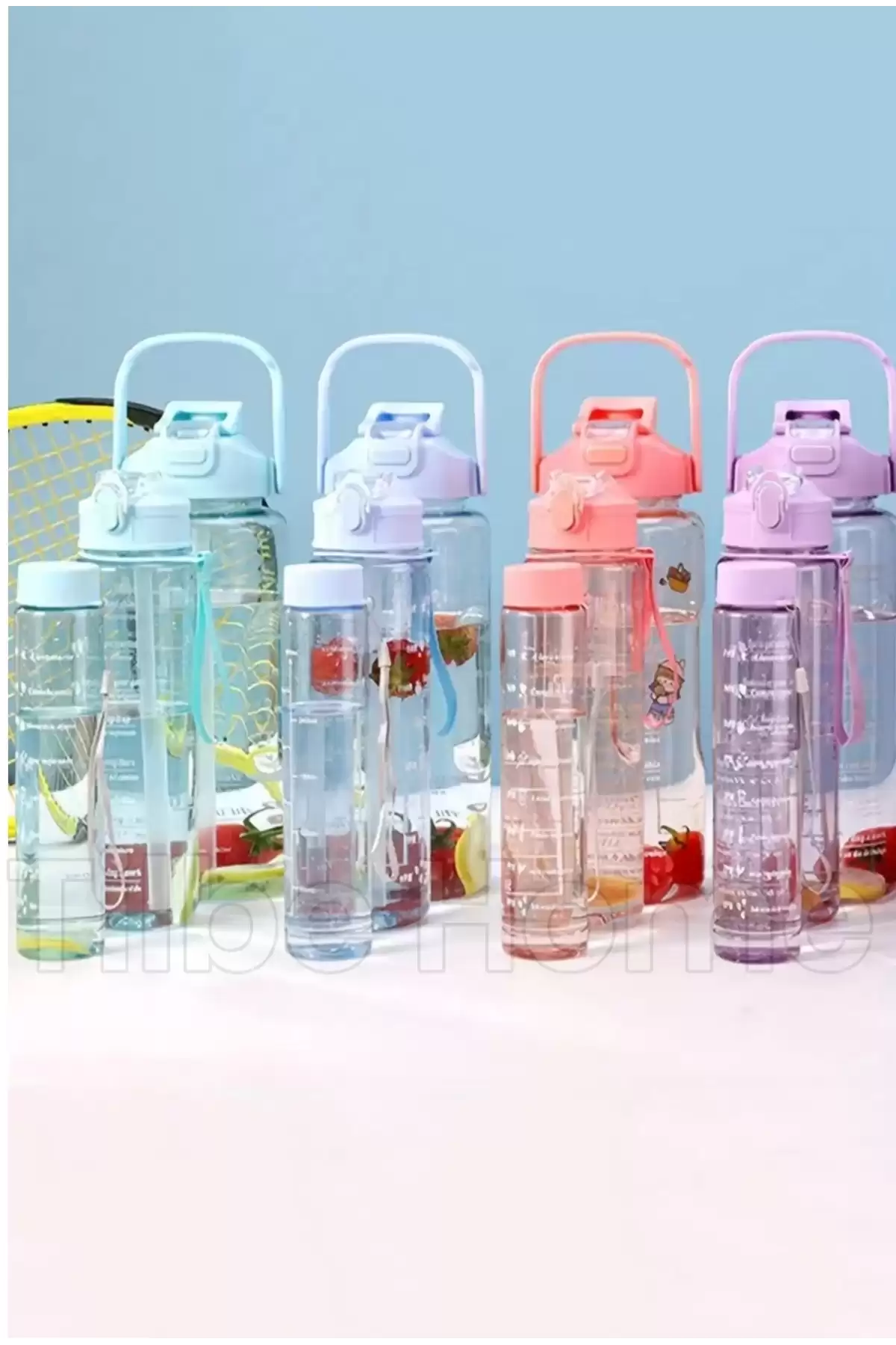 3lü Motivasyonel Sporcu Su Şişesi Tritan Suluk Su Matarası Stickerlı Pipetli Suluk 2000+900+500ml
