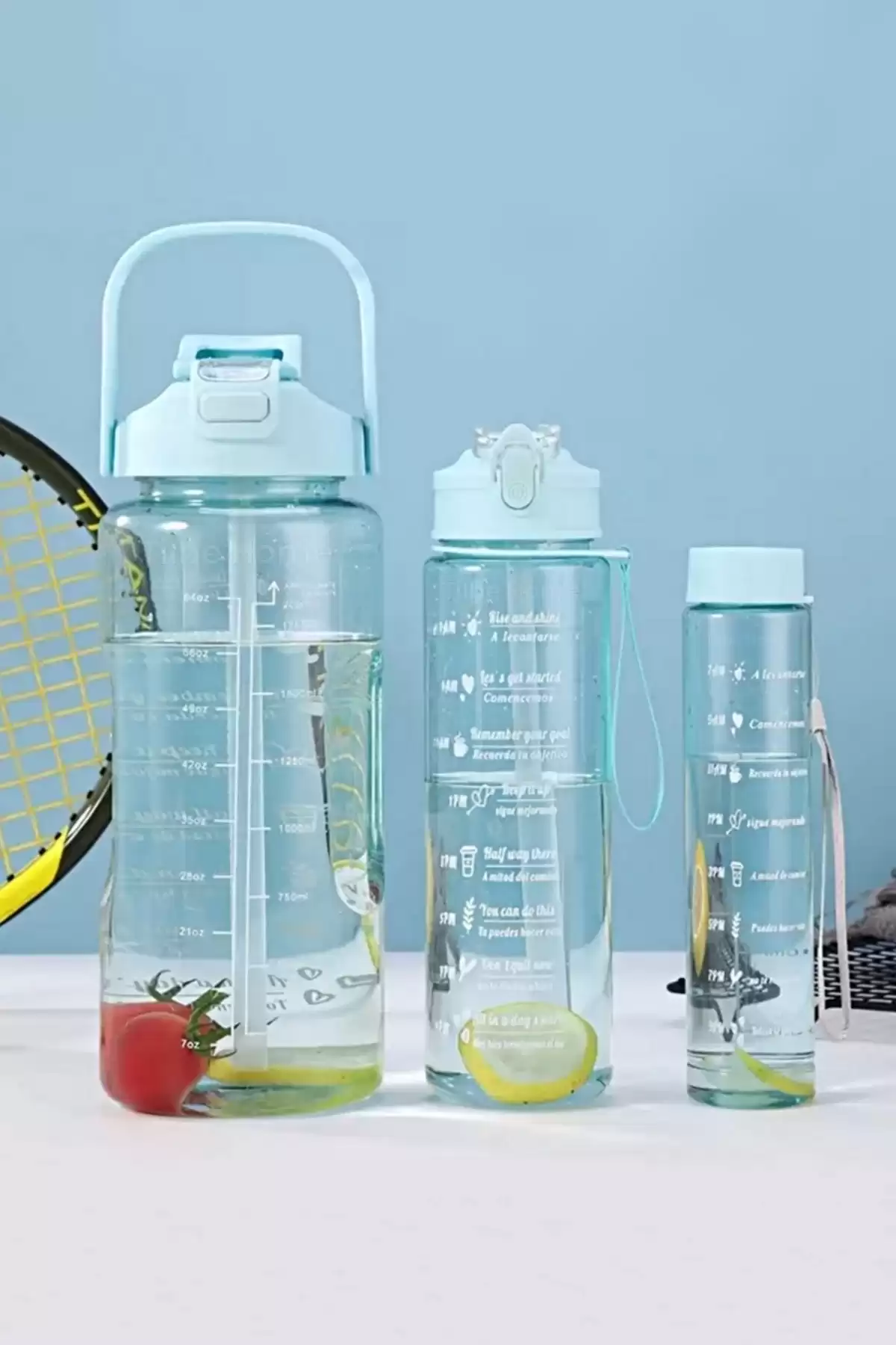 3lü Motivasyonel Sporcu Su Şişesi Tritan Suluk Su Matarası Stickerlı Pipetli Suluk 2000+900+500ml