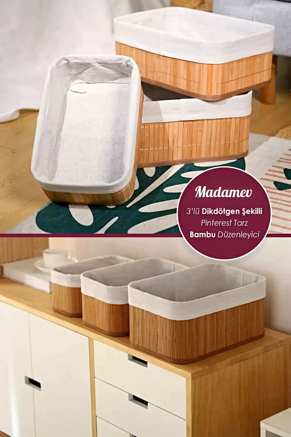 Pinterest Stil 3lü Bambu Kare Sepet Dekoratif Ev Düzenleyici Organizer Çok Amaçlı Bambu Hasır Sepet