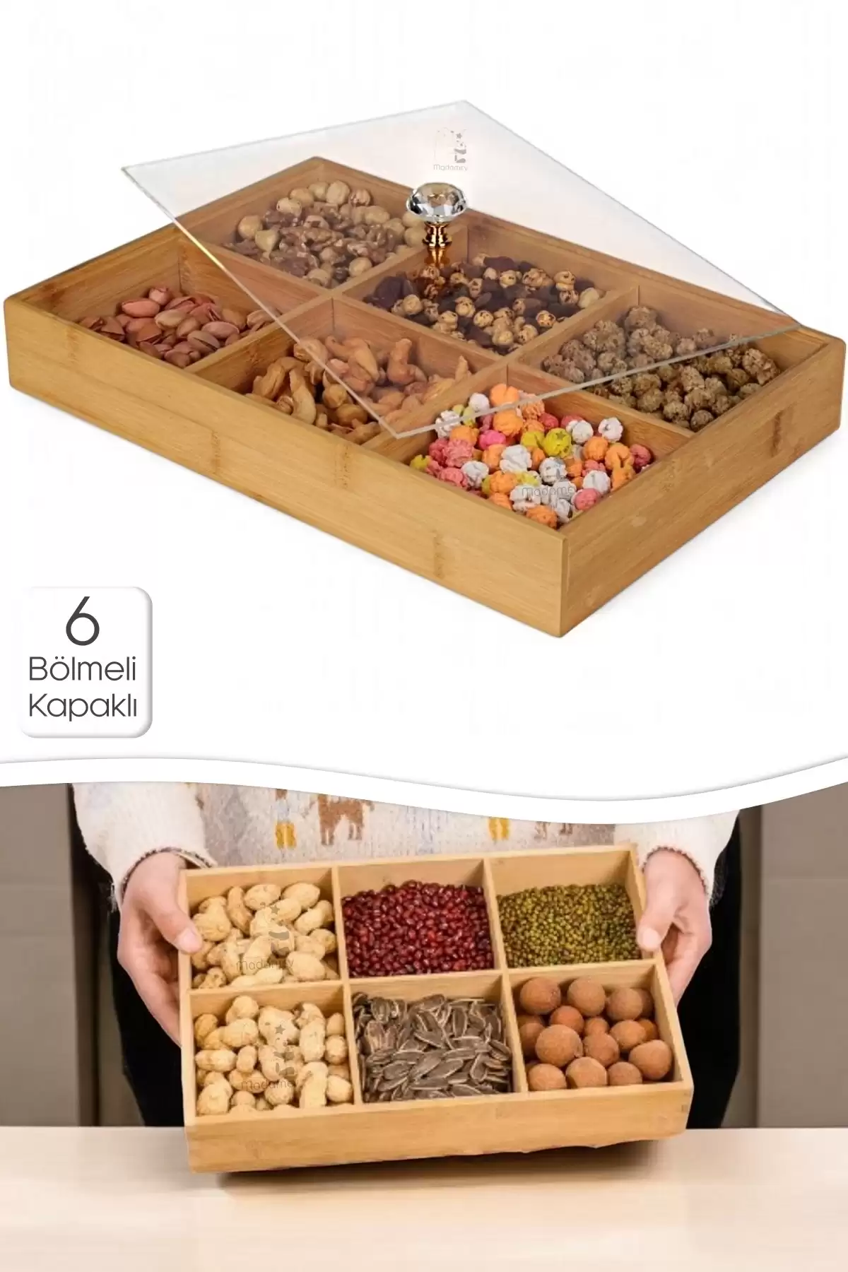 6 Bölmeli Bambu Çerezlik Şeffaf Akrilik Kapaklı Kahvaltı Sunumluk Saklama Kutusu Mutfak Organizer