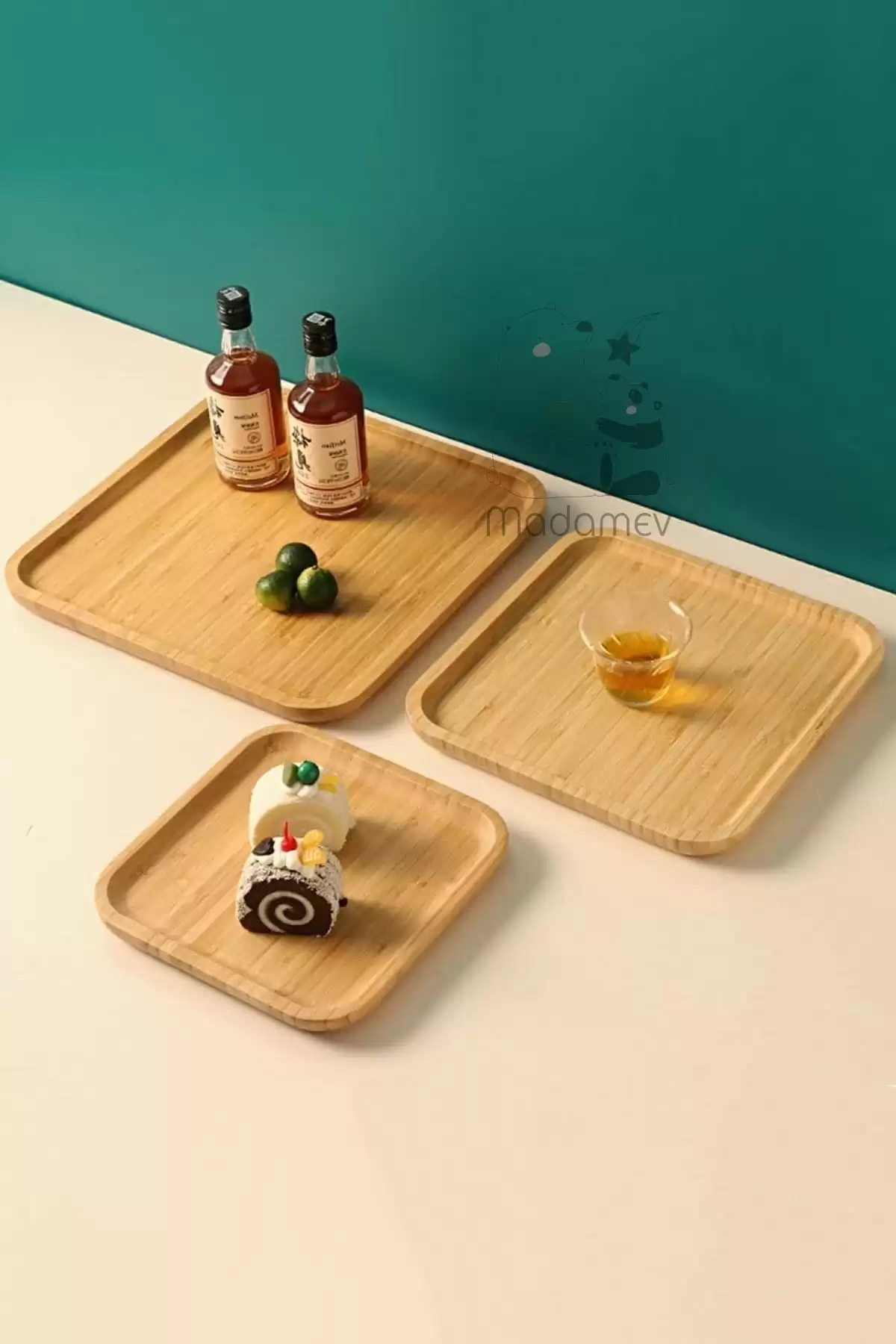 3lü Gourmet Kare Bambu Kahvaltı Peynir Tabağı Pasta Servis Sunum Tepsi İkramlık Bambu Tabak Seti