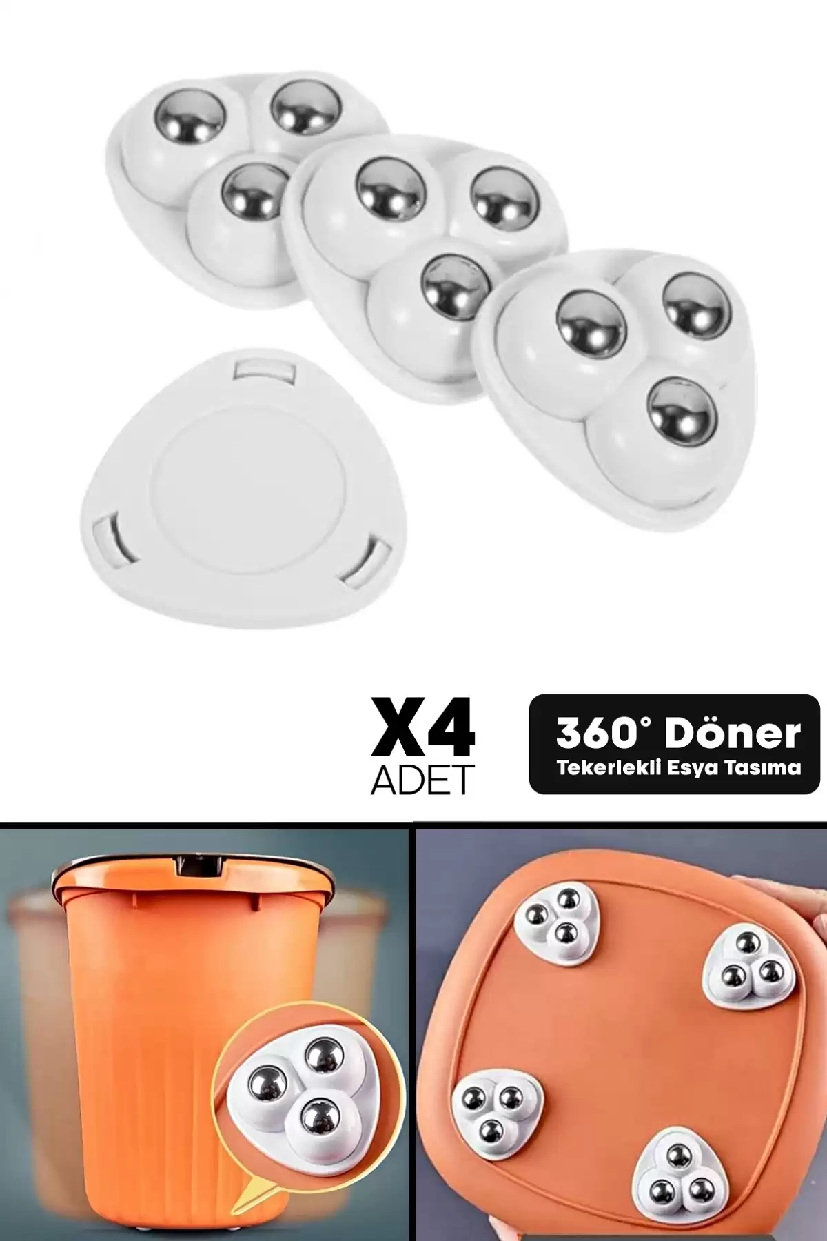 4 Adet 360 Derece Döner Çelik Bilye Tekerlekli Eşya Yük Taşıma Yapışkanlı Eşya Kaydırma Aparatı Set