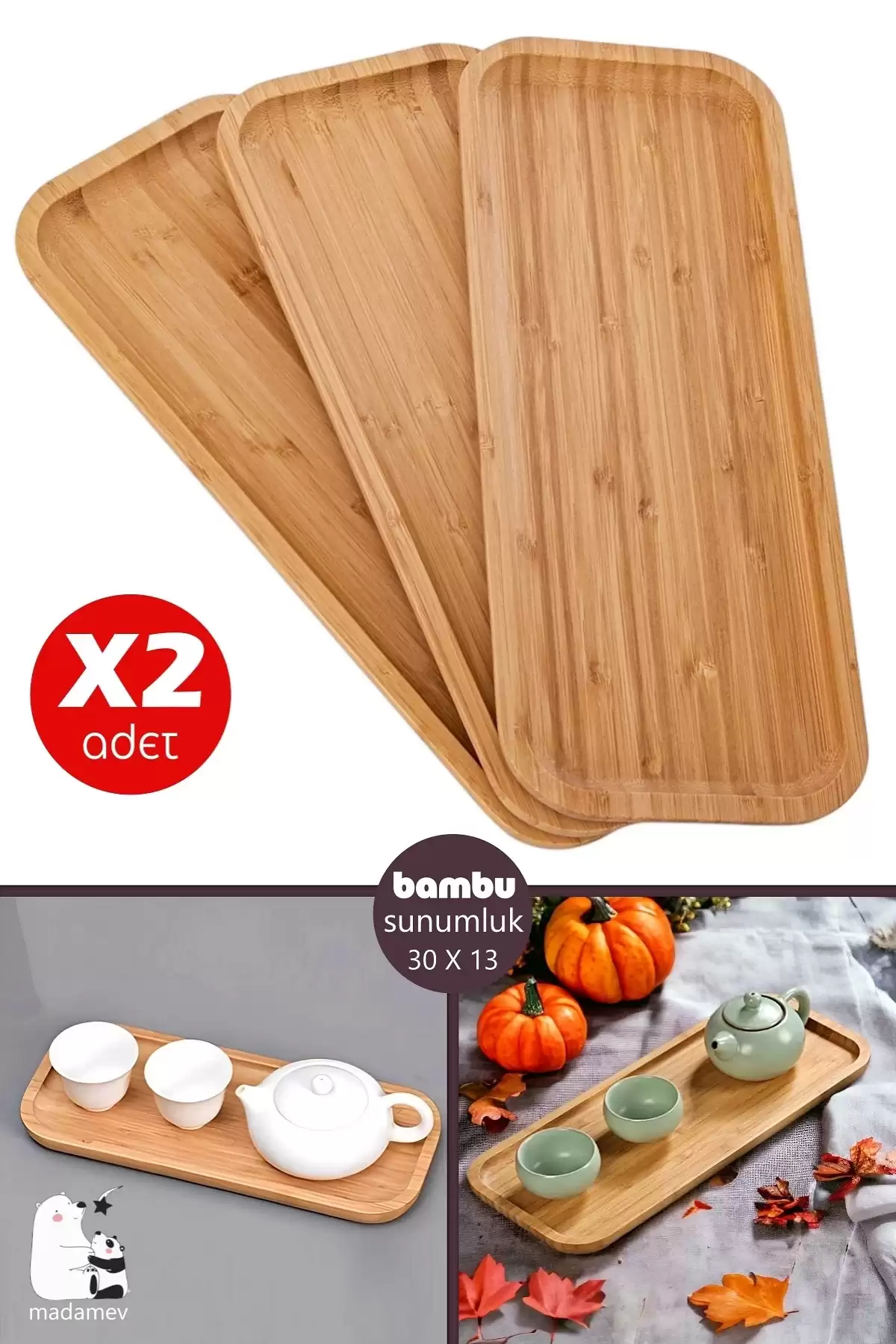 2 Adet Gourmet Kayık Bambu Kahvaltı Tabağı Pasta Servis Sunum Tepsi İkramlık Ahşap Tabak 30X13 Seti
