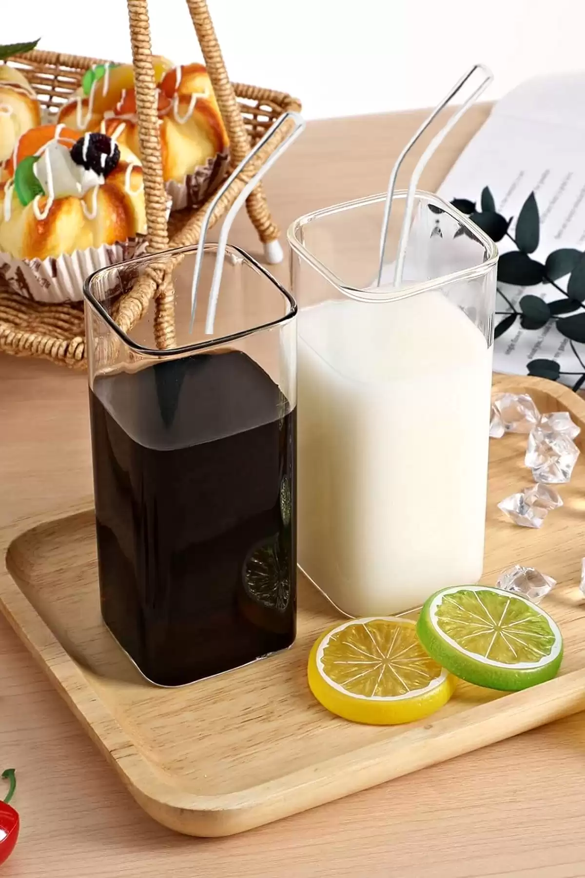 6 Adet Pipetli Kare Still Cam Bardak 350ml Isıya Dayanıklı Retro Kahve Sunum Kokteyl Bardağı Seti