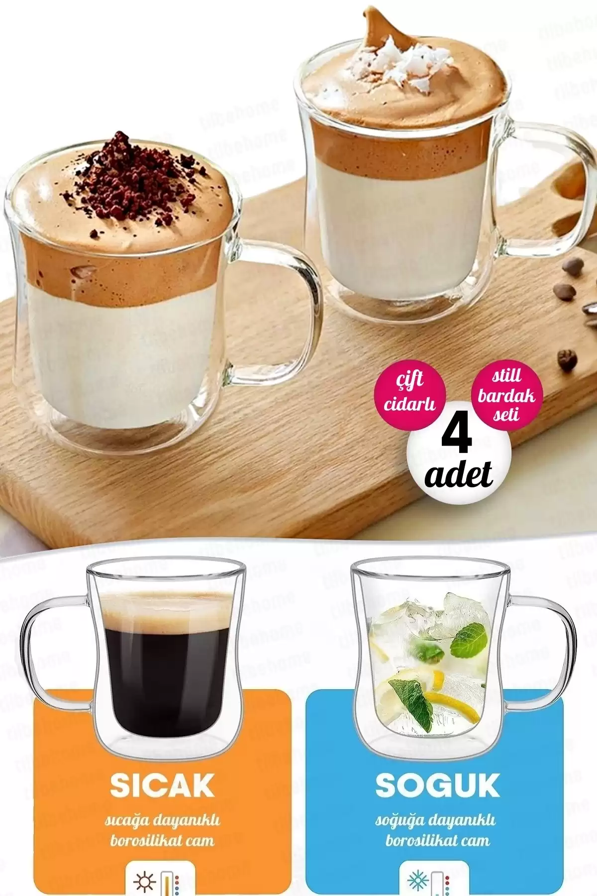 4lü Çift Cidarlı Bardak 220 ml Retro Çay Fincanı Kahve Sunum Bardağı Dayanıklı Cam Kupa Bardak