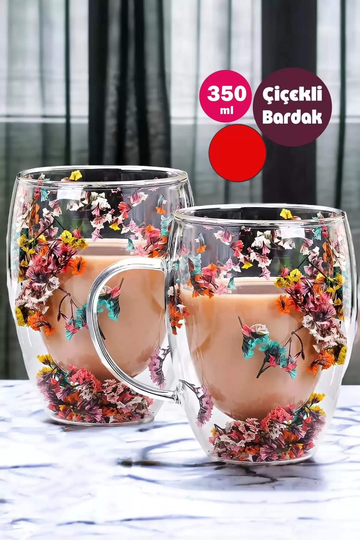 4lü Çift Cidarlı Flower Cup 350ml Çiçekli Bardak Kahve Çay Bardağı El Yapımı Kulplu Cam Bardak Set