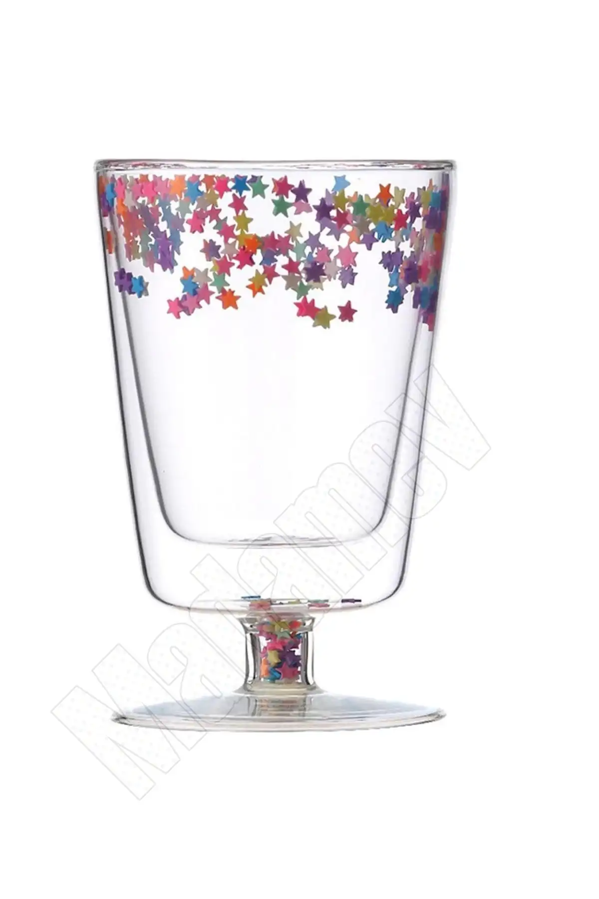 4lü Çift Cidarlı Yıldızlı Ayaklı Retro Bardak Magnolya Sunum Kasesi ve Pipetli Kahve Bardağı 350ml