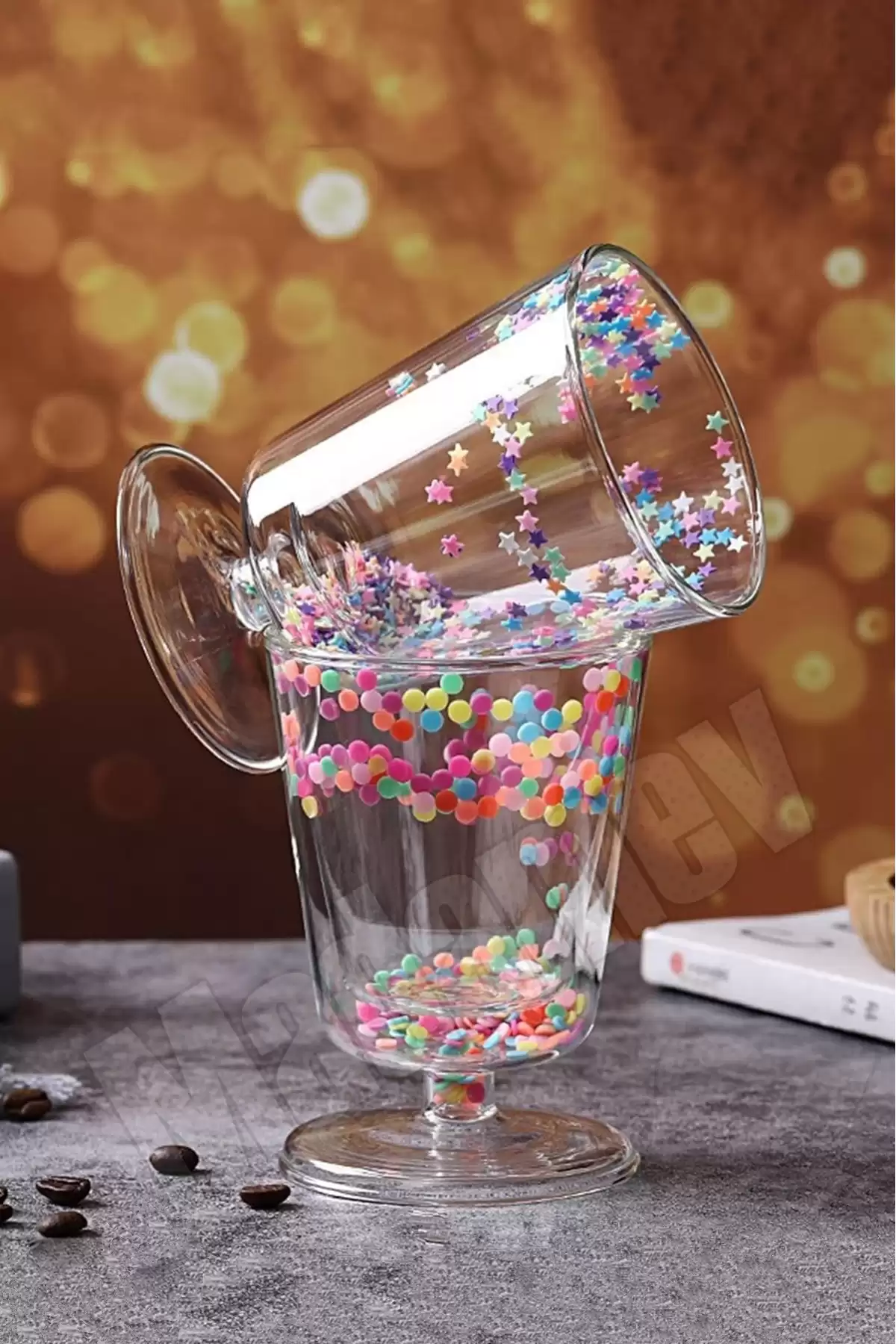 4lü Çift Cidarlı Yıldızlı Ayaklı Retro Bardak Magnolya Sunum Kasesi ve Pipetli Kahve Bardağı 350ml
