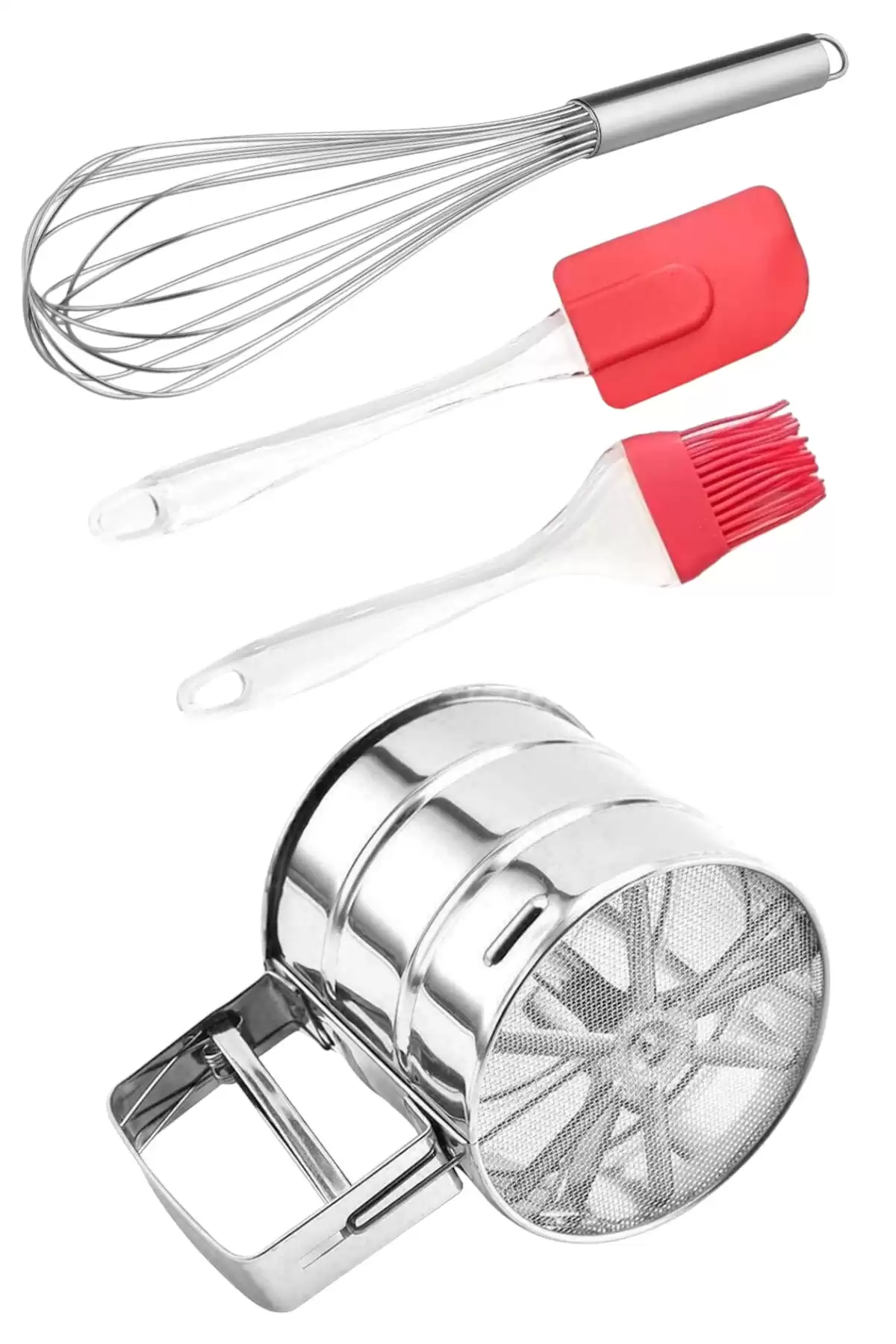 4lü Un Eleği Basmalı Şeker Pudra Elek Çelik Yumurta Çırpıcısı Yumurta Fırçası Silikon Spatula Seti