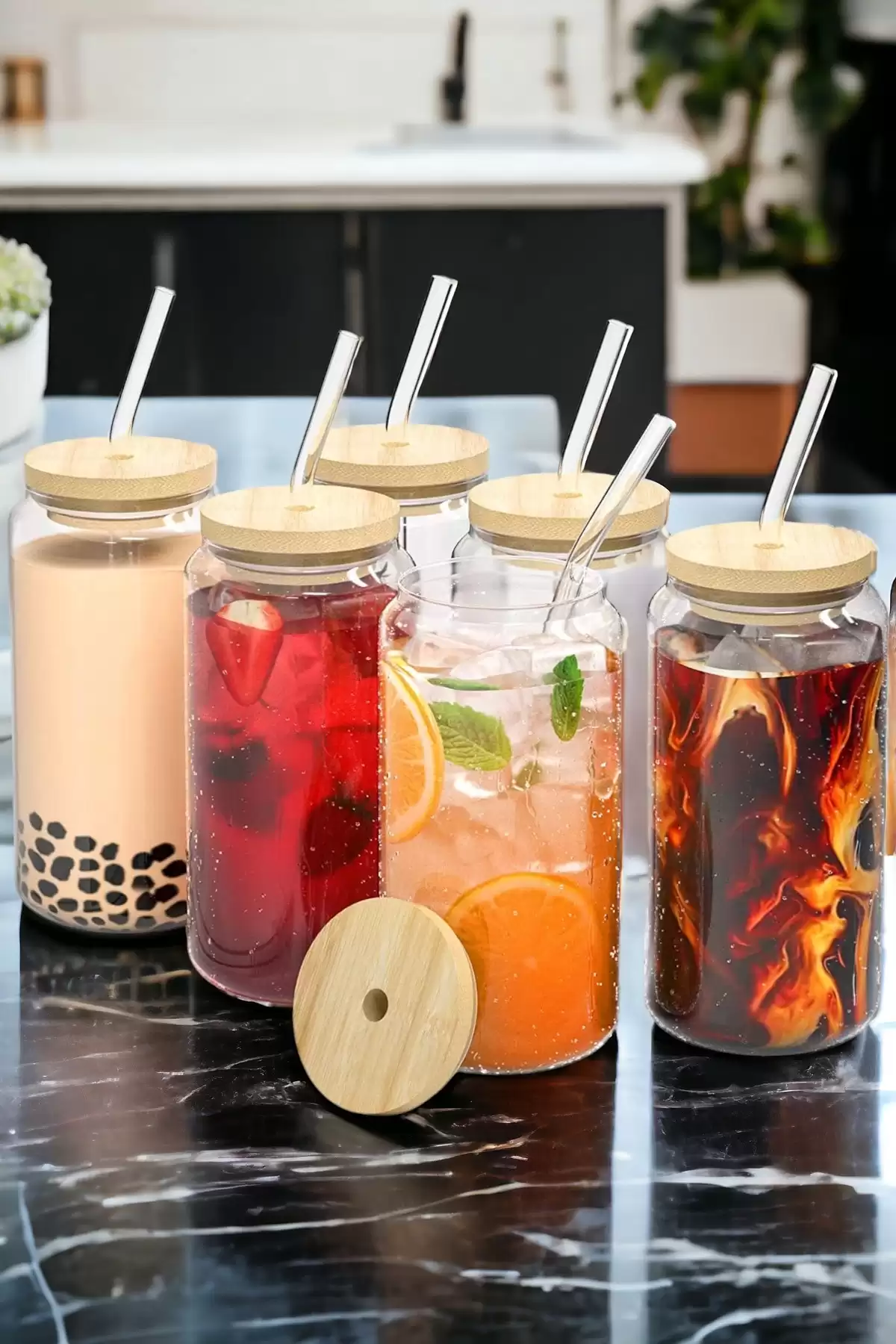 6lı Bambu Kapaklı Pipetli Cam Bardak Isıya Dayanıklı Borosilikat Kola Şekilli Kahve Sunum Bardağı