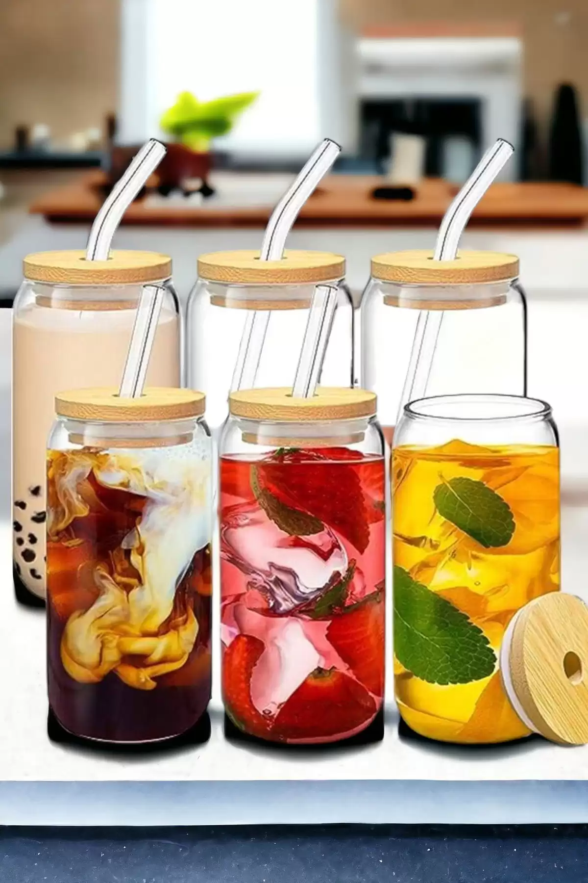 6lı Bambu Kapaklı Pipetli Cam Bardak Isıya Dayanıklı Borosilikat Kola Şekilli Kahve Sunum Bardağı