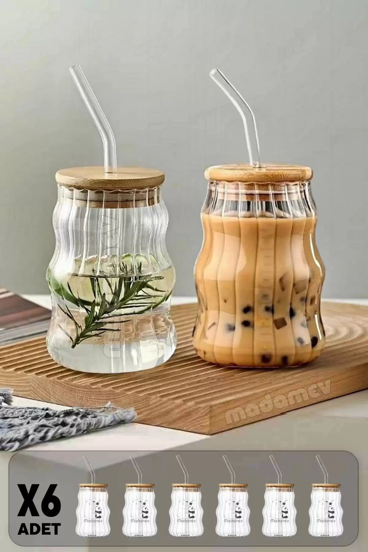 6lı Bambu Kapaklı Sukabağı Latte İskandinav Cam Pipetli Bardak Kahve Kokteyl Sunum Bardağı 400ml