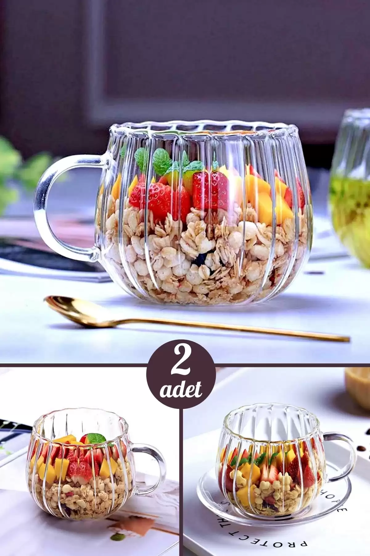 2li Çizgili Kabartmalı Bardak 250 ml Retro Çay Fincanı Kahve Sunum Bardağı Dayanıklı Cam Kupa