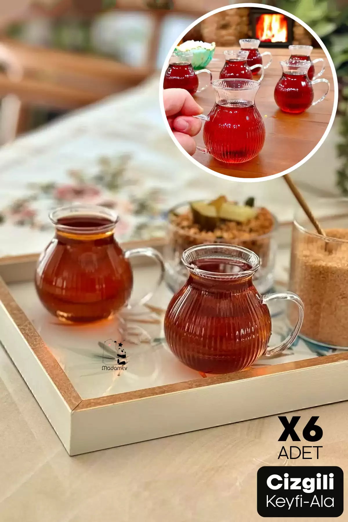 6lı Çizgili Keyfi Ala Borosilikat Cam Bardak Takımı Isıya Dayanıklı Kulplu Çay Bardağı Seti