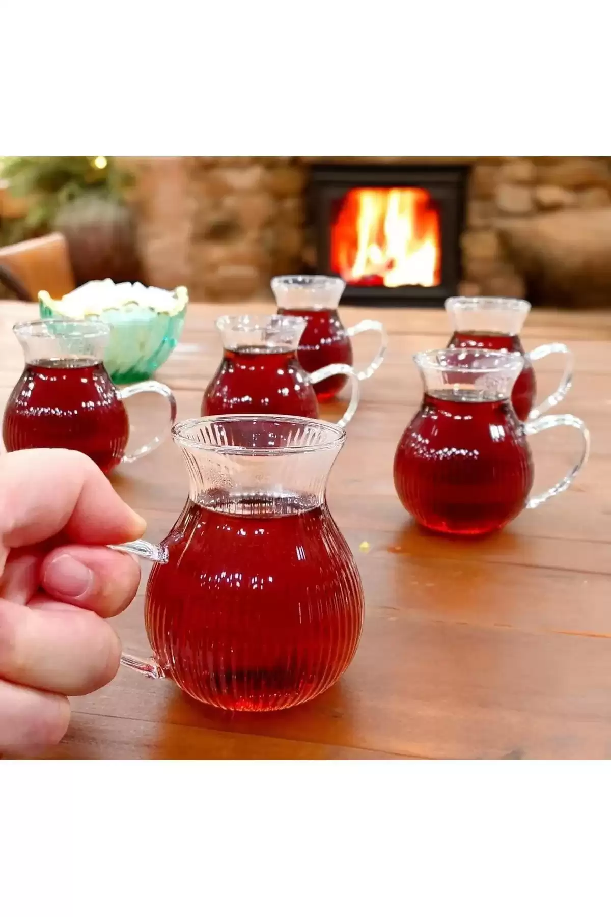 6lı Çizgili Keyfi Ala Borosilikat Cam Bardak Takımı Isıya Dayanıklı Kulplu Çay Bardağı Seti