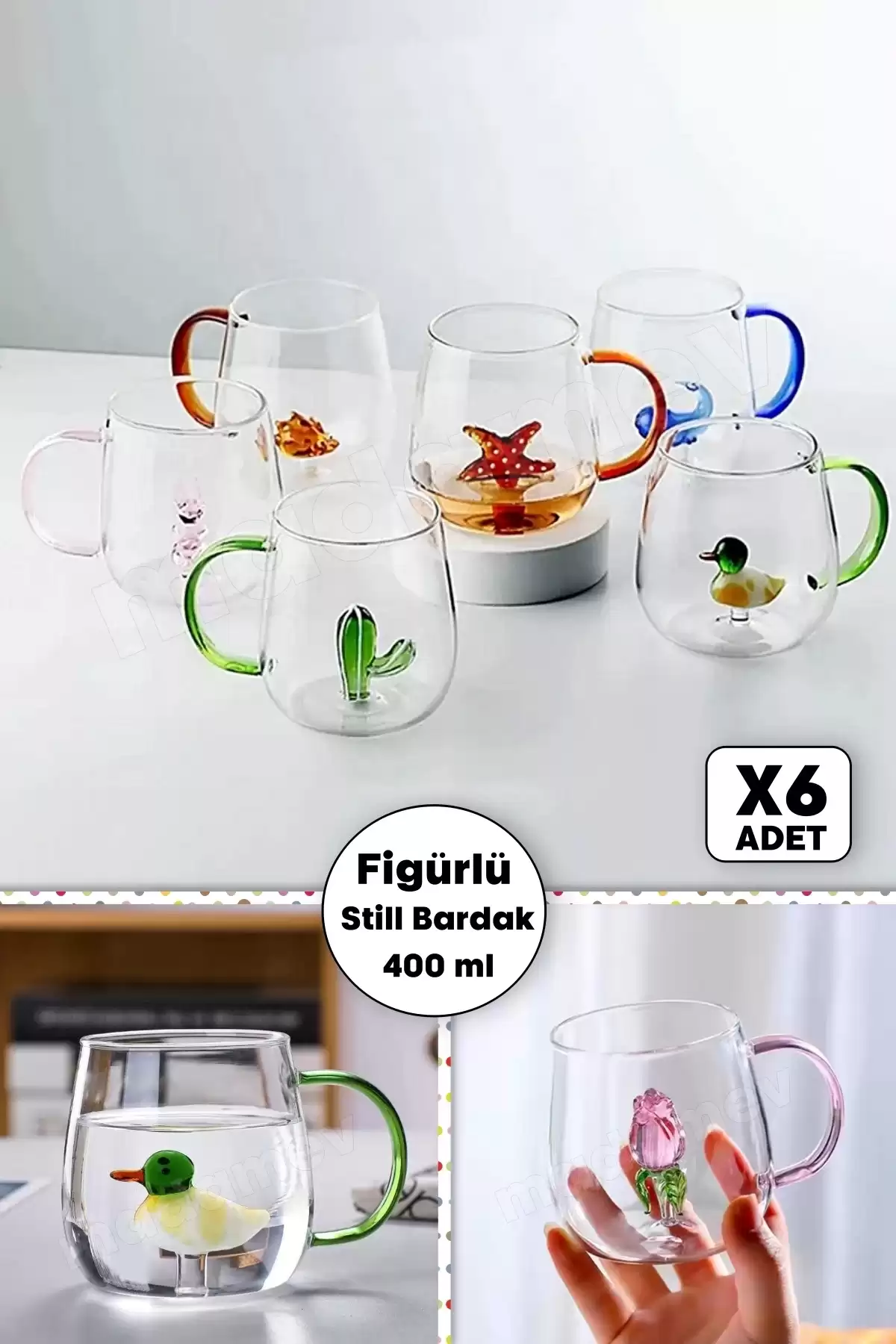 6lı Figürlü Cam Bardak 3D Sevimli Karikatürler Bardağı Kawaii Renkli Kulplu Sunum Fincanı 350 ml.