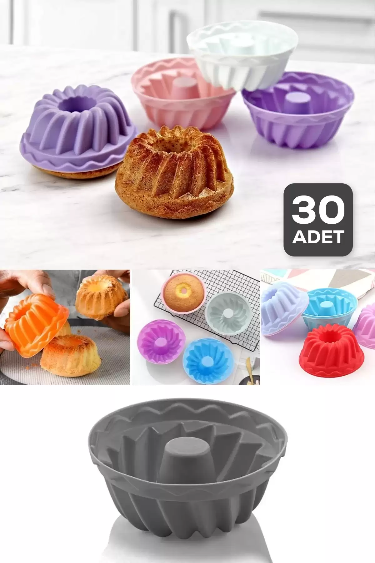 30 Adet Silikon Muffin Kek Kapsülü Yeniden Kullanılabilir Göbekli Cupcake Browni Kek Kalıbı Renkli