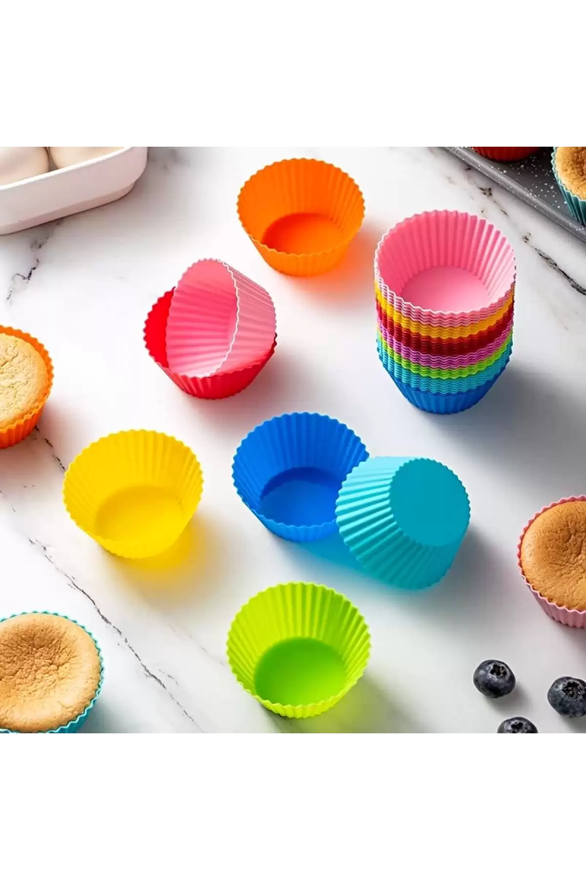 30 Adet Silikon Muffin Kek Kapsülü Yeniden Kullanılabilir Cupcake Browni Kek Kalıbı Renkli