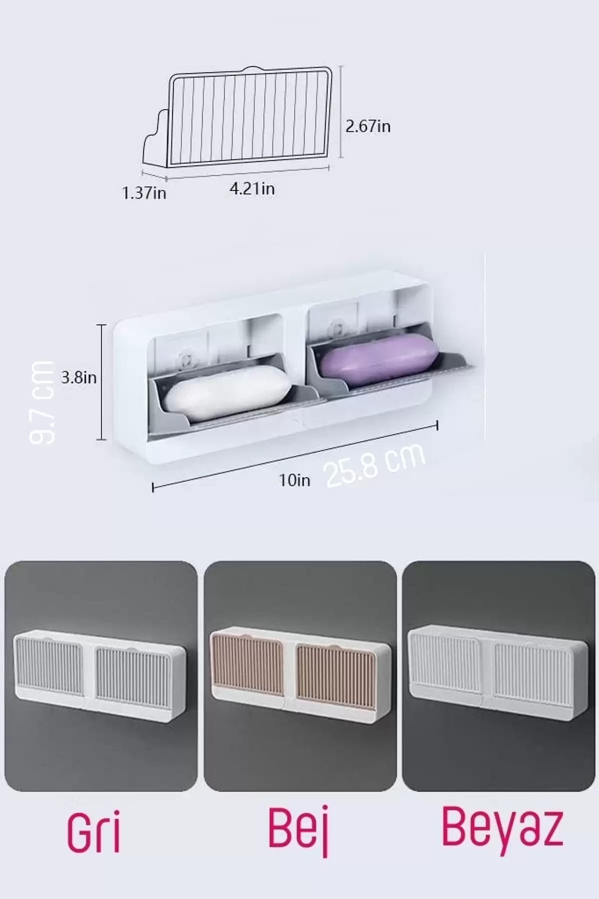 2 Bölmeli Su Tutmaz Katı Sabunluk Güçlü Yapışkanlı Duvara Monte Kapaklı Mutfak Banyo Organizeri