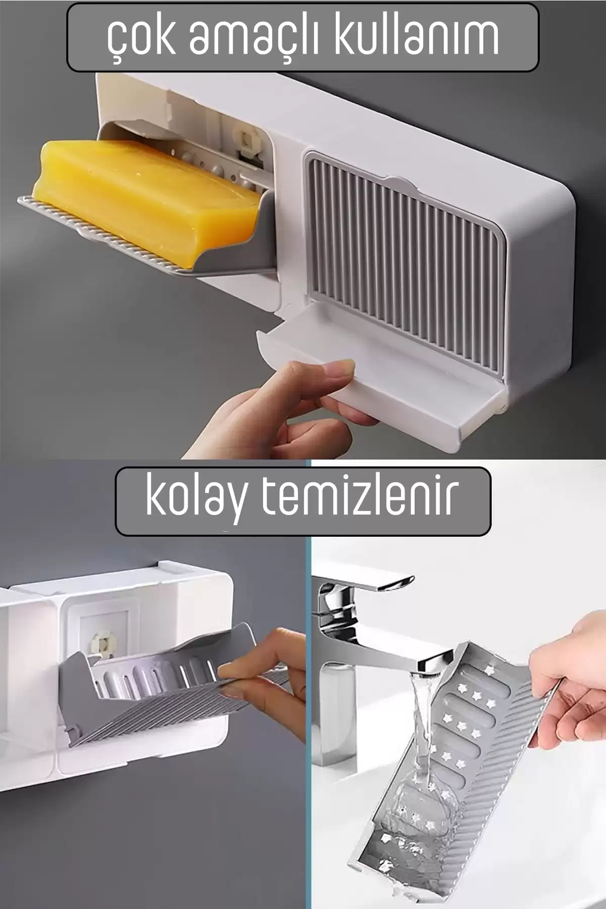 2 Bölmeli Su Tutmaz Katı Sabunluk Güçlü Yapışkanlı Duvara Monte Kapaklı Mutfak Banyo Organizeri